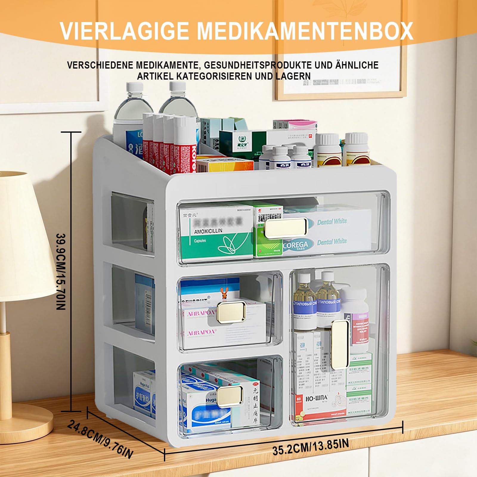 Organizador de medicamentos de 4 niveles con cajones | Con cajones: un práctico botiquín para medicamentos, cosméticos y objetos pequeños, ideal para el hogar, la oficina y el baño