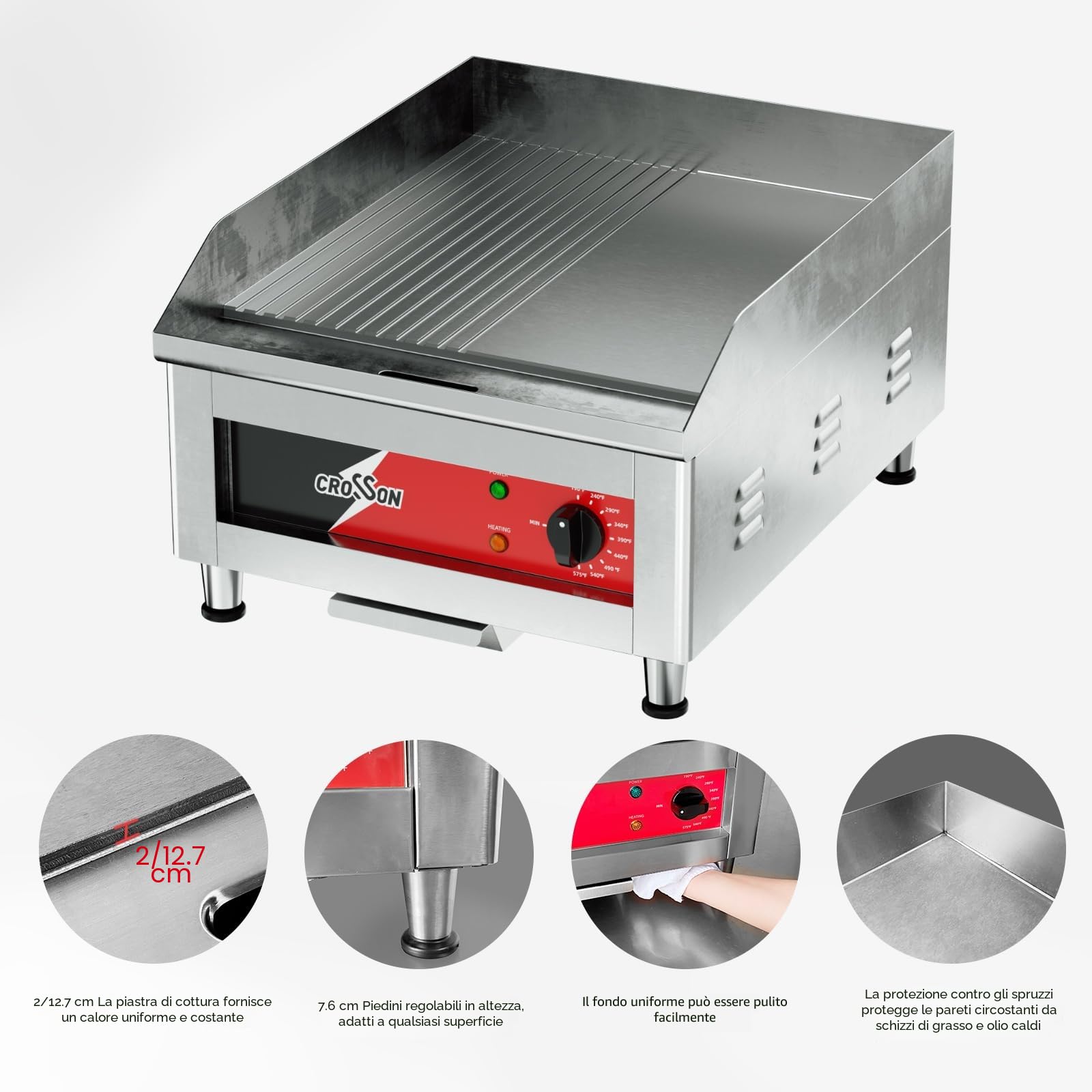 CROSSON Piastra Elettrica per Grigliare Professionale 1750W,40 x 40 CM Piastra Fry Top Elettrica Inox con Scanalatura,Temperatura Regolabile 88-300°C con Spatola per Ristoranti Luoghi Pubblici
