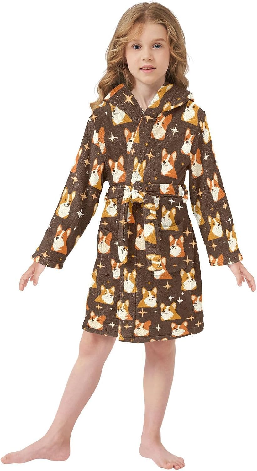 senya Celestial Corgi Cute Toddler Hooded Bathrobe Kids Soft Plush Bath Towel Robes for Boys Girls 2-12 Years