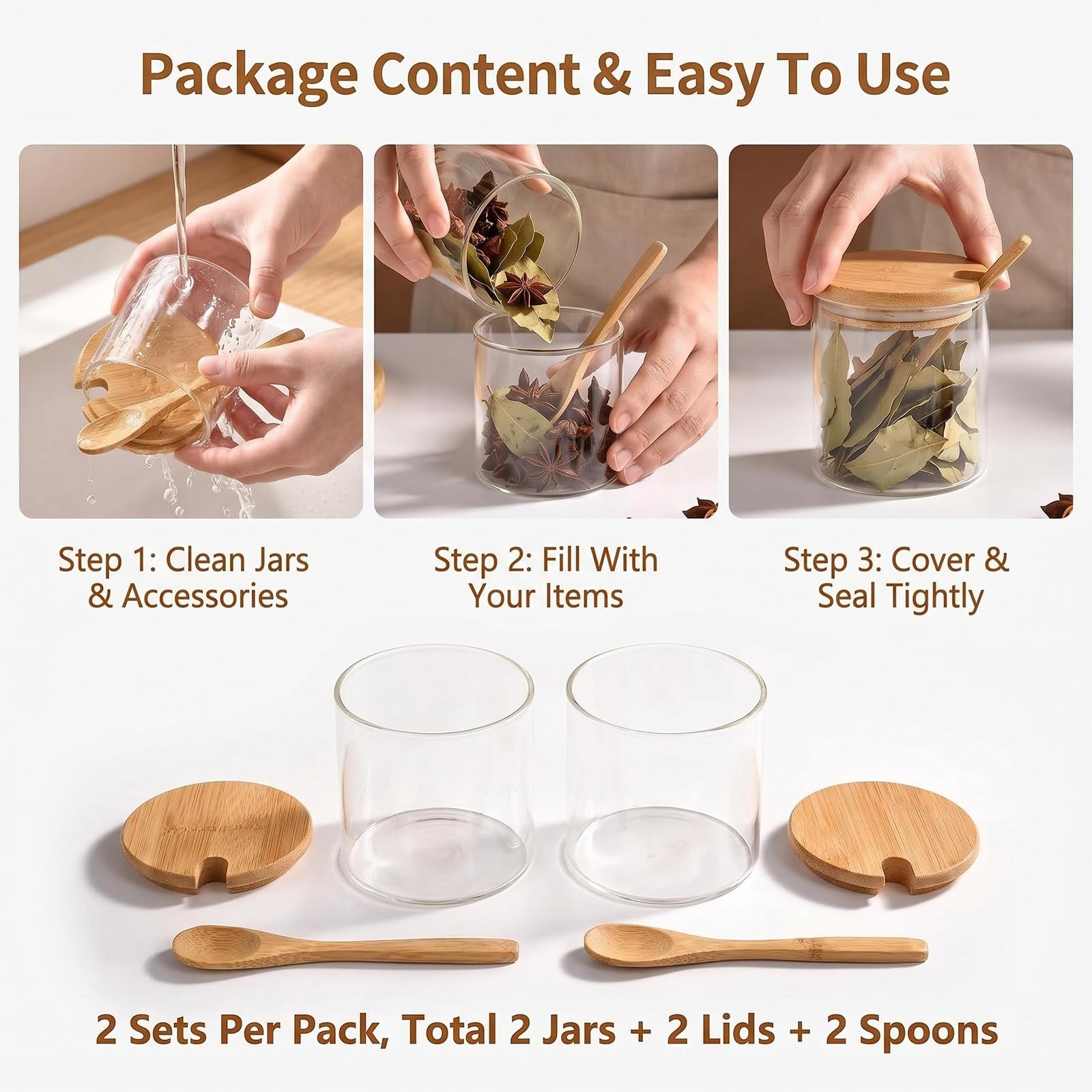QUUPY Lot de 2 bocaux en verre transparent de 300 ml/10 fl oz avec cuillères et couvercles, récipients à épices et assaisonnements pour la cuisine, la cafétéria et le comptoir, ensemble de pots pour