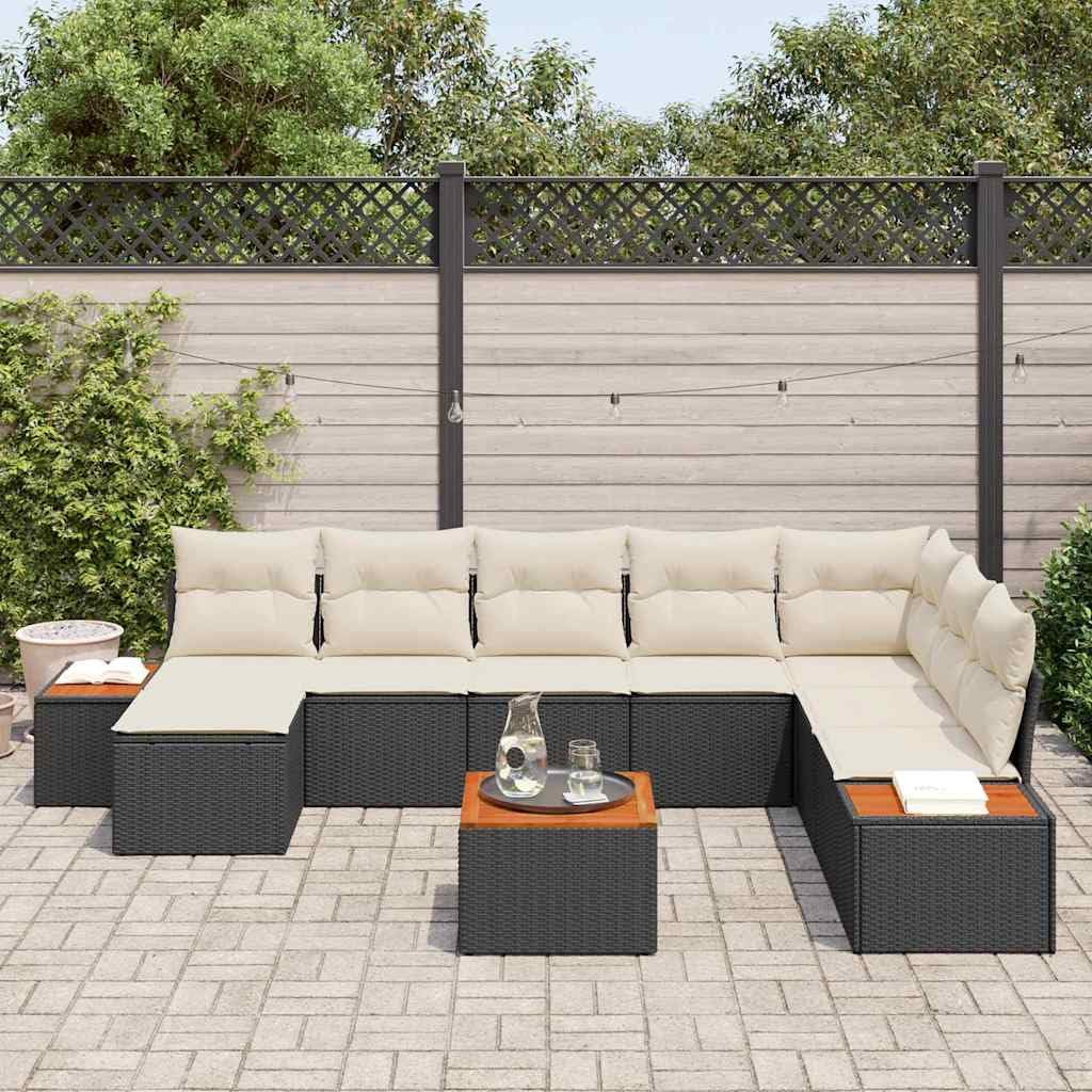 Modułowa sofa ogrodowa z poduszkami, 9 szt., kolor czarny i kremowy, jako zestaw mebli tarasowych i stylowy zestaw wypoczynkowy z stolikiem pomocniczym