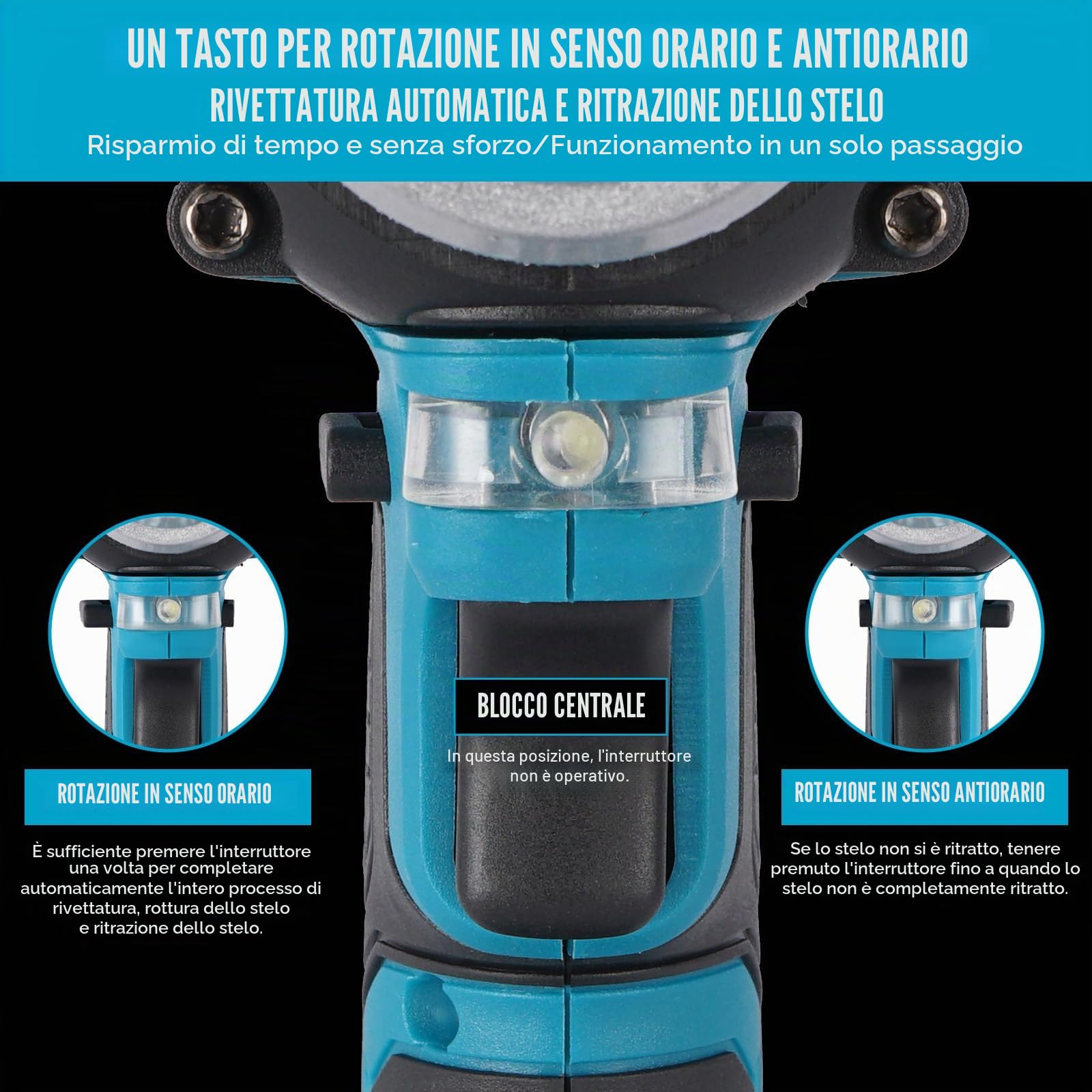 ONEVAN rivettatrice a batteria, 20.000N pistola per rivetti 2,4-5,0 mm, con 2 batterie 1.5Ah, storke 18mm, senza spazzole, rivettatrice elettrica automatica, pistola rivettatrice batteria