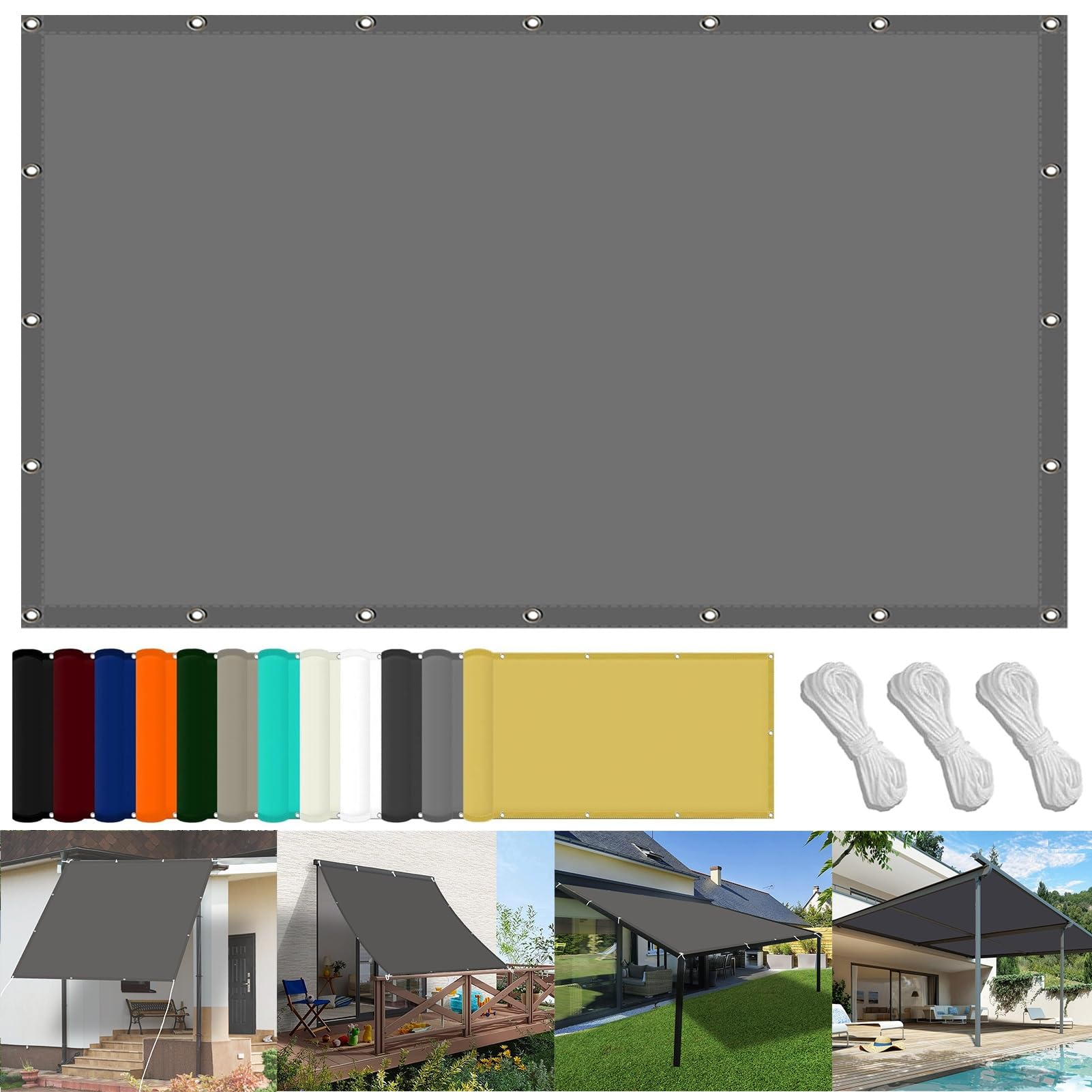 Sonnensegel mit Öse 150 x 550 cm Wasserdicht Rechteckig Sonnenschutz Strand Uv-Schutz-Polyestergewebe mit Seil Ideal für Schwimmbäder Partys Und Outdoor-Aktivitäten, Hellgrau