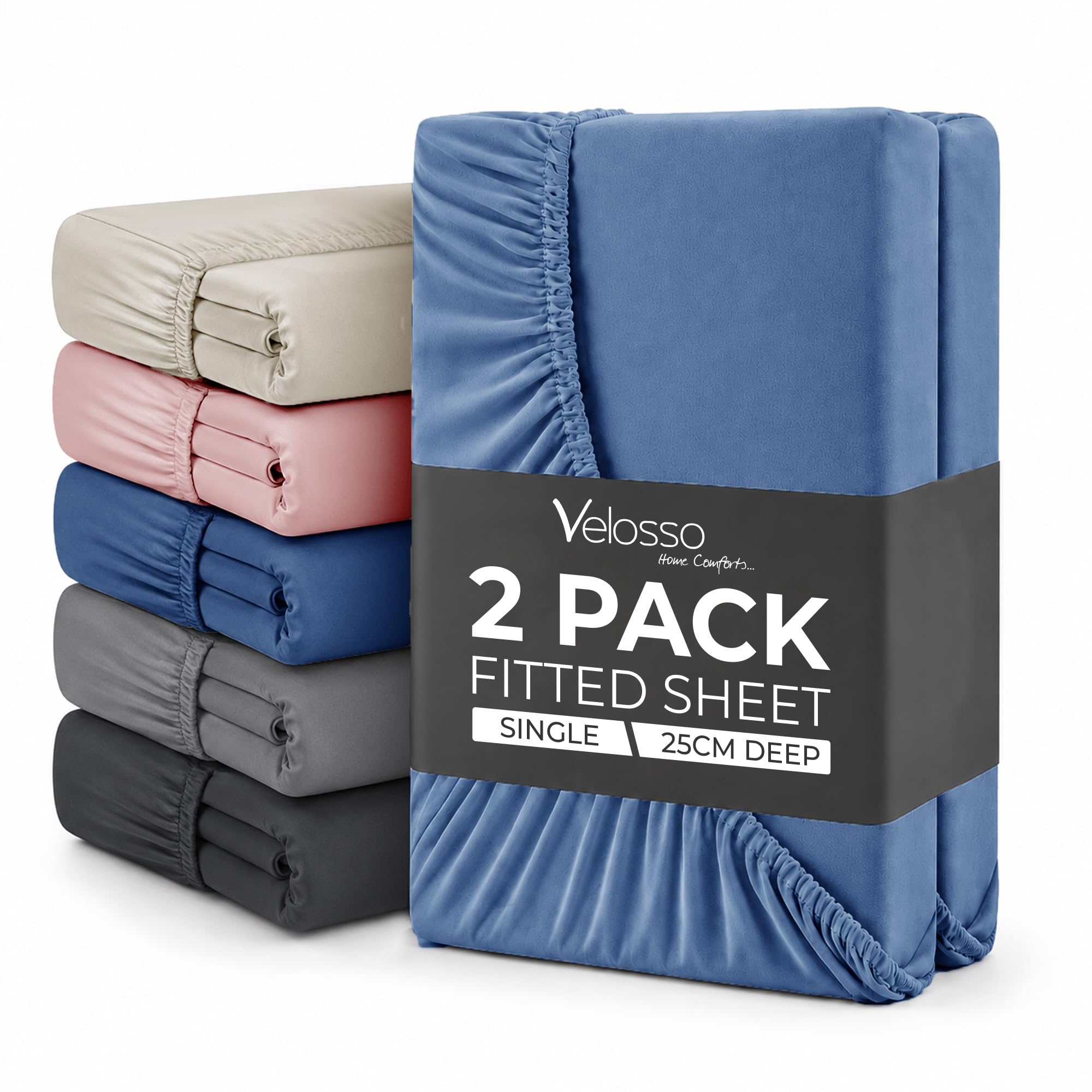 Plain Dye Fitted Sheet 25cms Pocket Soft Brushed Microfibre Fabric Mattress Bottom Bed Sheets (French Blue, Single 2 Pack)