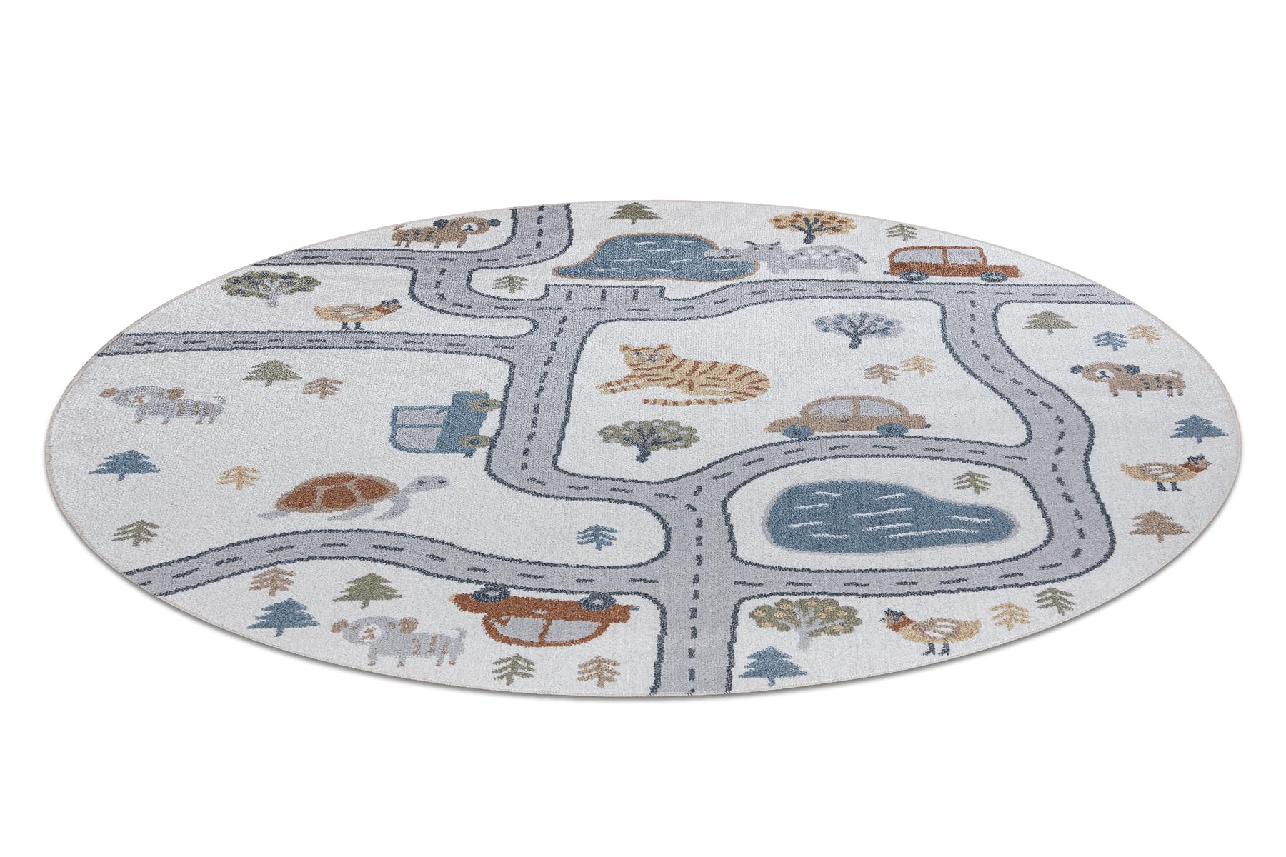 rugsx Tappeto bambini BONO 8283 Per la stanza del bambino, tappeti da gioco, camera dei bambini, Strada, animali, crema/grigio chiaro, cerchio 100 cm