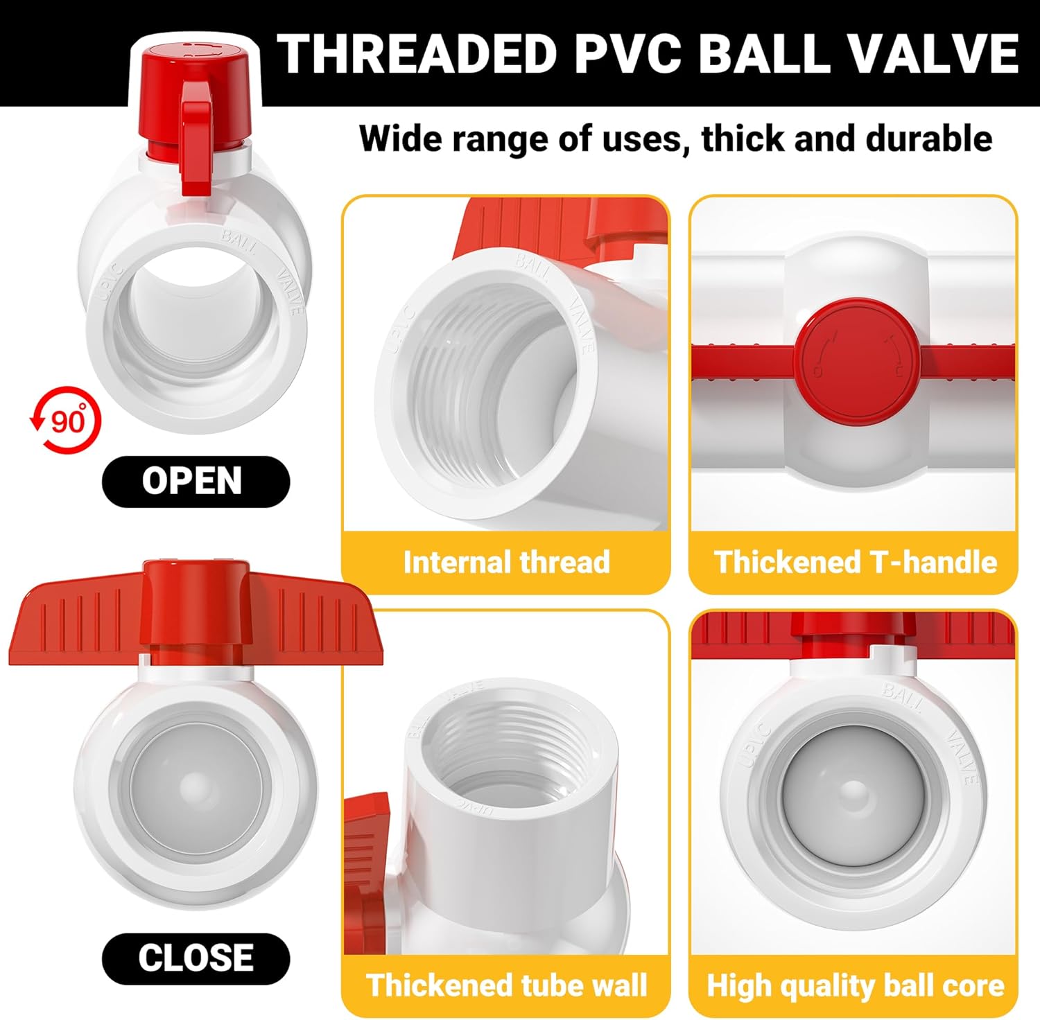 5PCS 1-1/2" PVC Ball Valve Threaded, PVC Water Pipe Valves with Easy Turn Red T-Handle, Shut Off Valves Socket for Swimming Pool, Sprinkler Lines,Sewage Pump, Outdoor Plumbing & Irrigation System