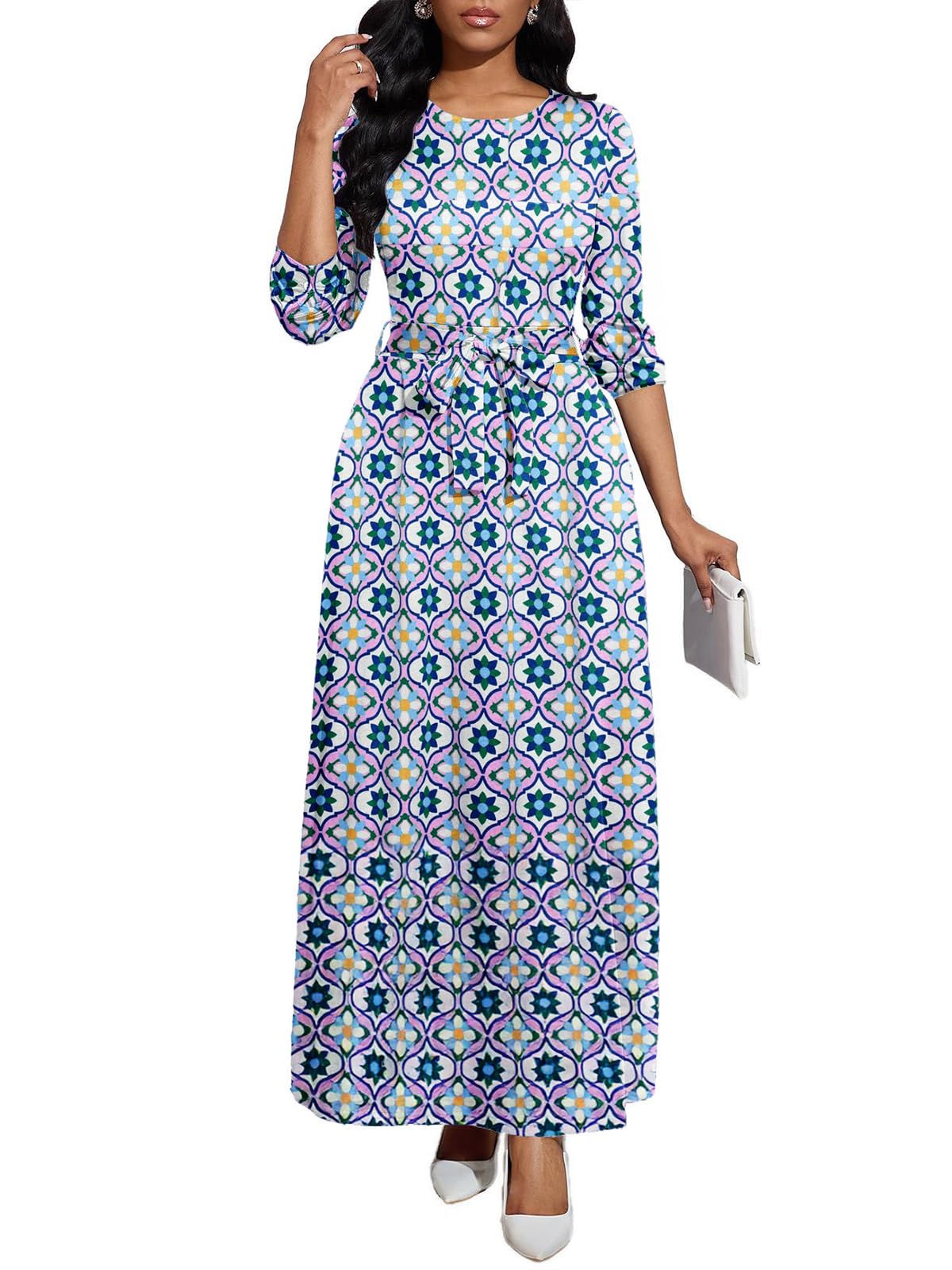 BubFee Long Dress for Women Casual Long Sleeve Dresses Maxi Dress Empire Waist Loose with Belt
