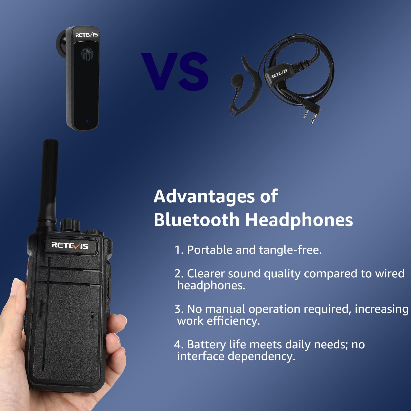 Retevis RB637 Walkie Talkies, Bluetooth Walkie Talkie con Auricolare, Portatile Ricaricabile, 2000mAh, VOX, Professionale Radio Ricetrasmittenti per Ristorante Hotel (Nero, 4Pz)