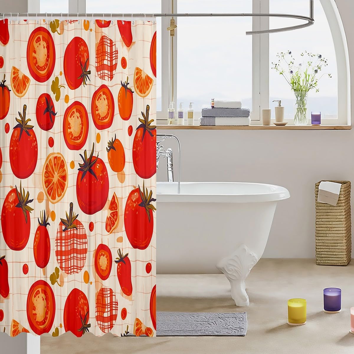 Erosebridal Cartoon Vegetable Waterproof Bathroom Curtain for Toddler Tomato Shower Curtain 72x78,Red White Plaid Printed Bath Curtain Botanical Theme Waterproof Cloth Kids Boys Girls Room Decor