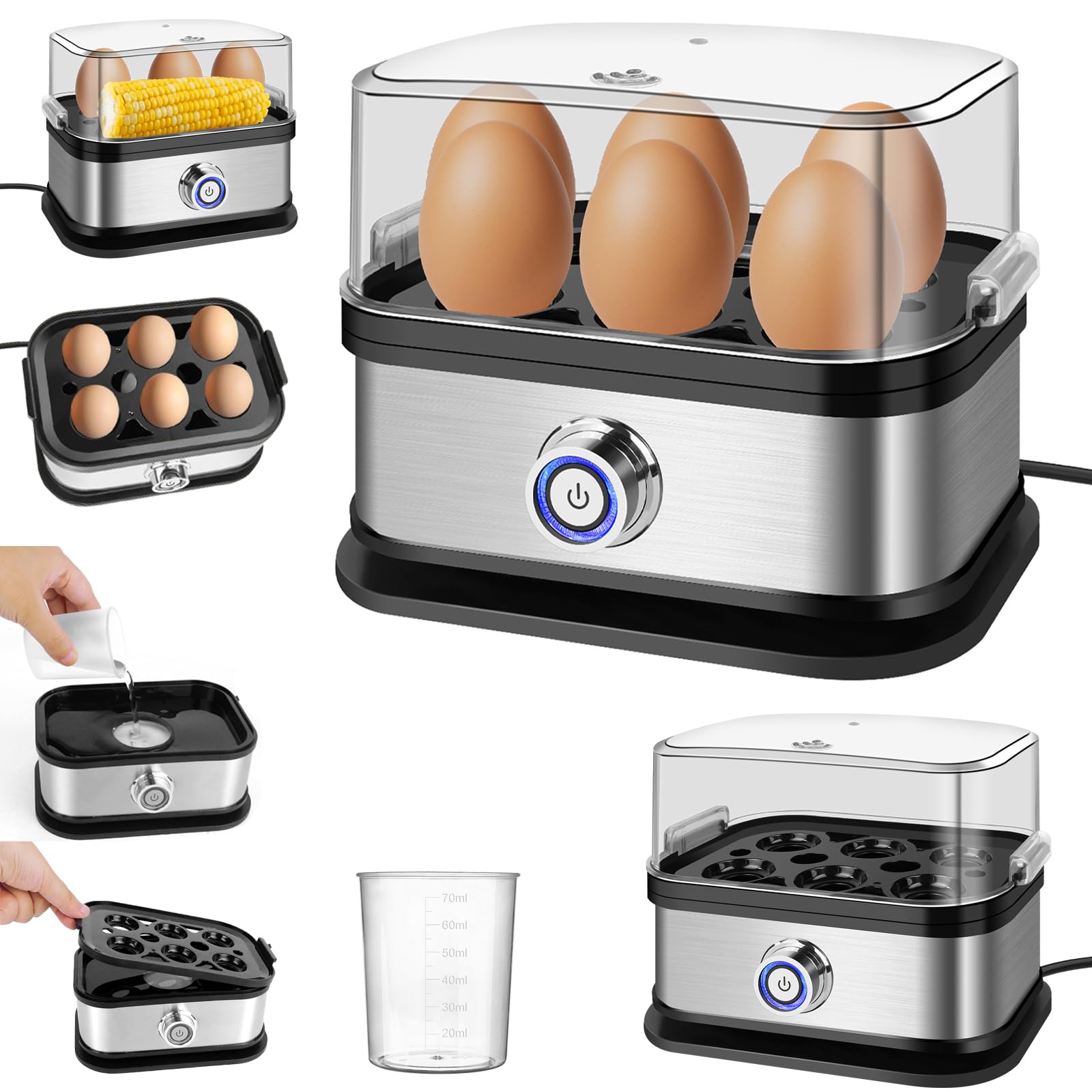 Egg Cooker Boiler, 350W Quick Boiling Electric Egg Poacher with Measuring Cup, Removable Tray, 6 Capacity Kitchen Stainless Steel Steamer (soft, medium, hard, poached), Eggs Maker Machine