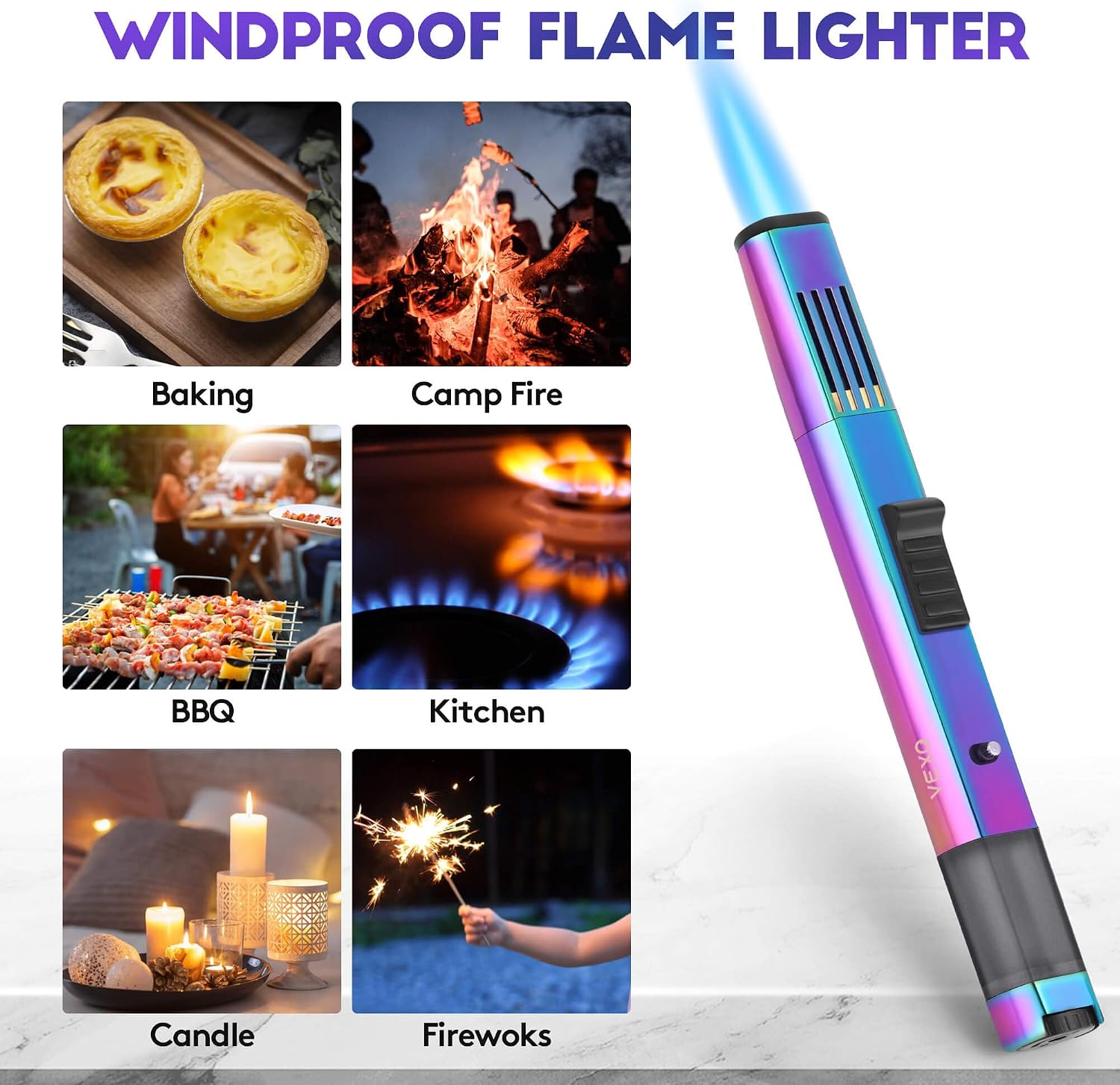 VEXO Torch Lighter Jet Flame Refillable Butane Lighter with Safety Lock, Visible Gas Window, Torch Refill Adapter for Grill BBQ Candle Camping (Butane NOT Included) (Rainbow)