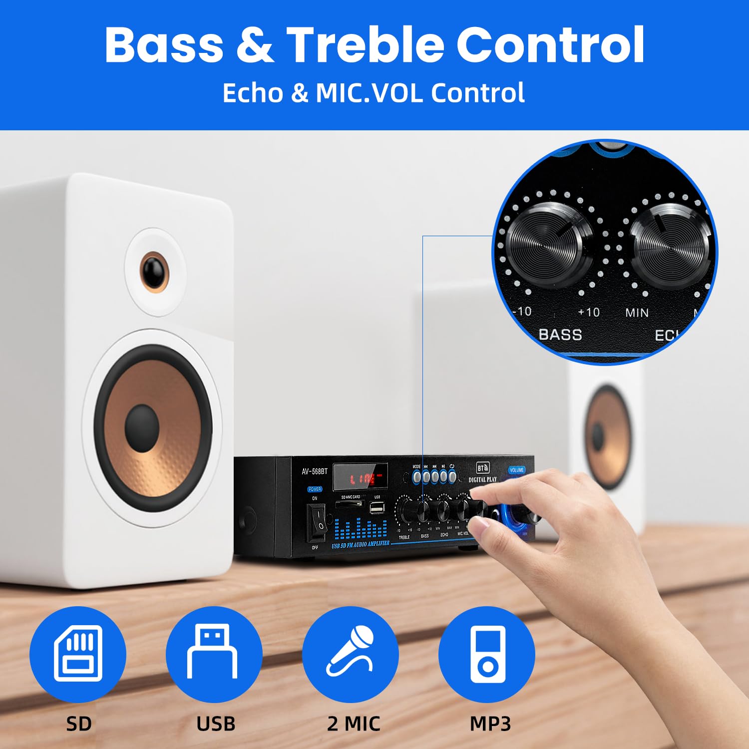 1000W amplificateur hifi, 2 Canaux ampli Bluetooth 5.0 RMS 60 W X2 Stereo pour Les Enceintes Domestiques enceinte hifi avec Contrôle des Basses et des Aigus SD USB FM 12V / 220V avec Télécommande IR