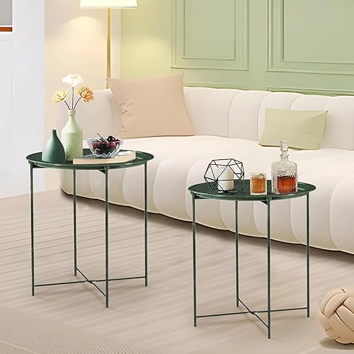 Vista 35 de VECELO Mesa auxiliar/auxiliar, plegable, redonda, de metal, antioxidante, impermeable, para exteriores o interiores, bandeja para sala de estar