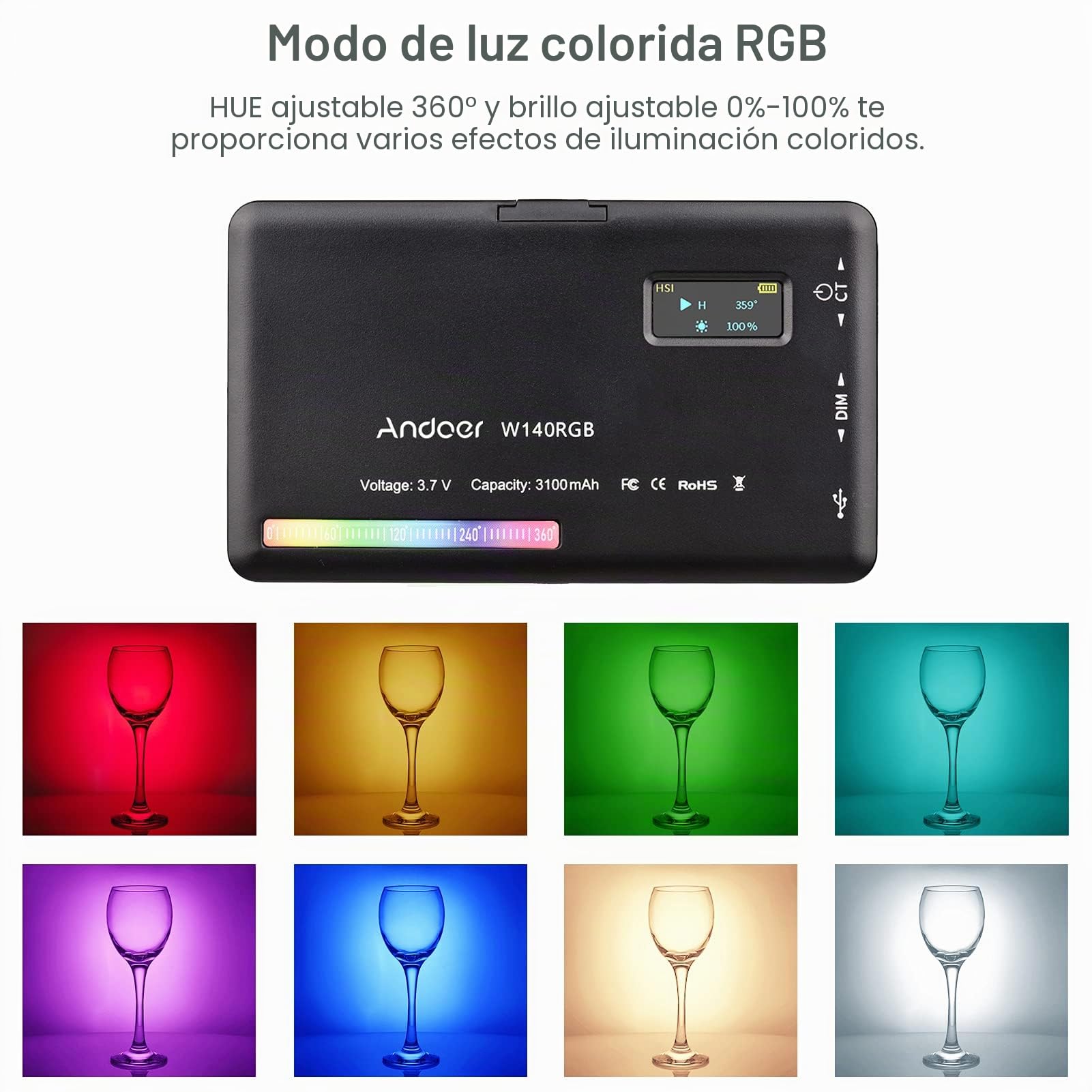 Andoer - Lámpara de vídeo LED RGB con batería de 3100 mAh, Mini luz para cámara, Intensidad Variable 2500K-9000K, Recargable con Pantalla LCD para Macro, fotografía de Productos y Vlogs