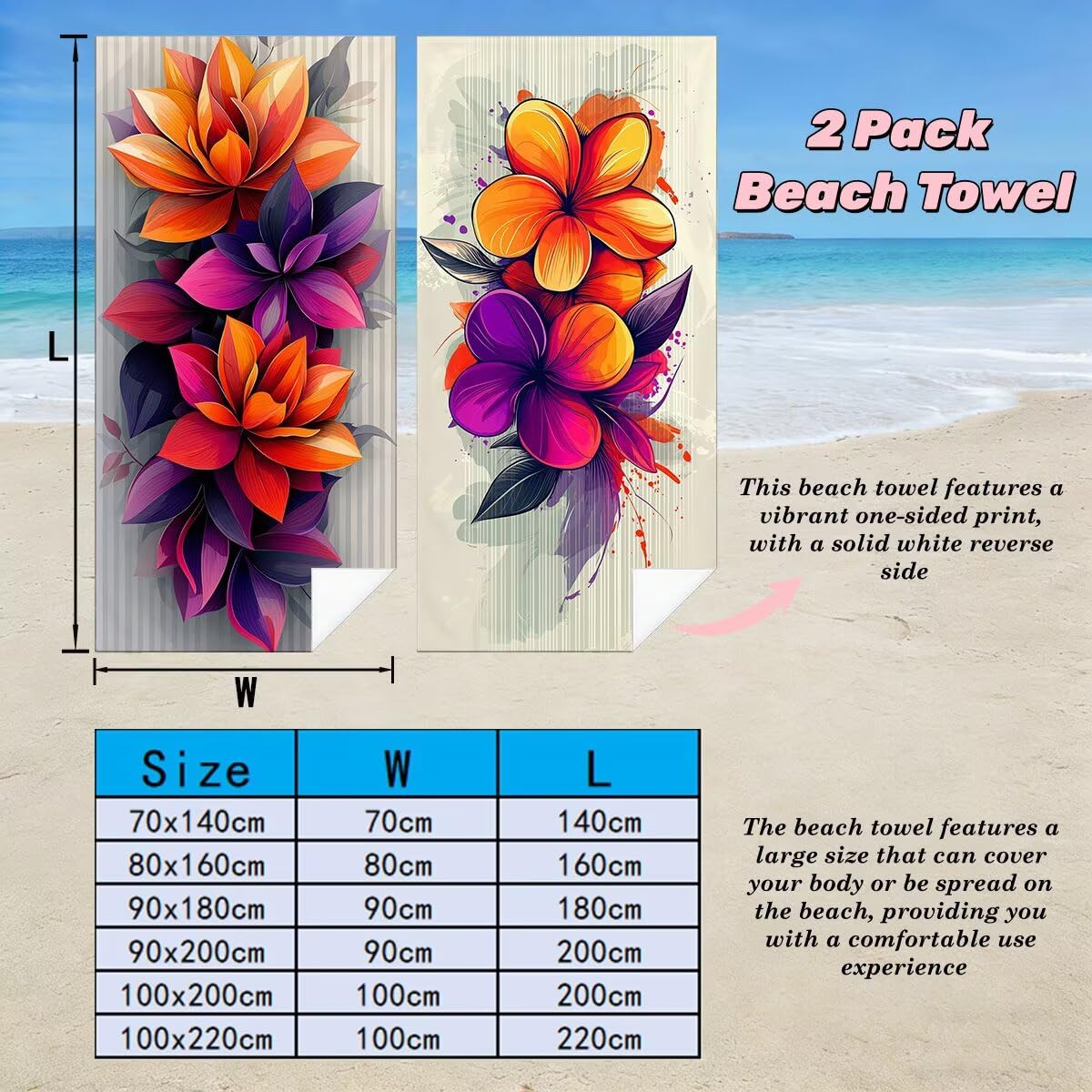 Ręcznik plażowy XXL, 90 x 180 cm, zestaw 2 szt., z mikrofibry, ręcznik plażowy w kwiaty, szybkoschnący, ręcznik do sauny, ręcznik fitness, ręcznik plażowy, do sauny, duży ręcznik kąpielowy, prezent