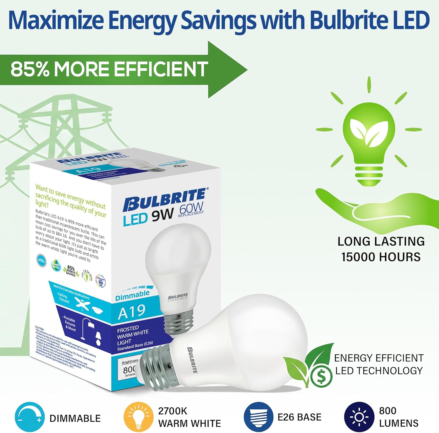 Bulbrite 774234 9 Watt LED A19 Medium (E26) Base, 2700K Light Bulb, Frost (6 Pack)