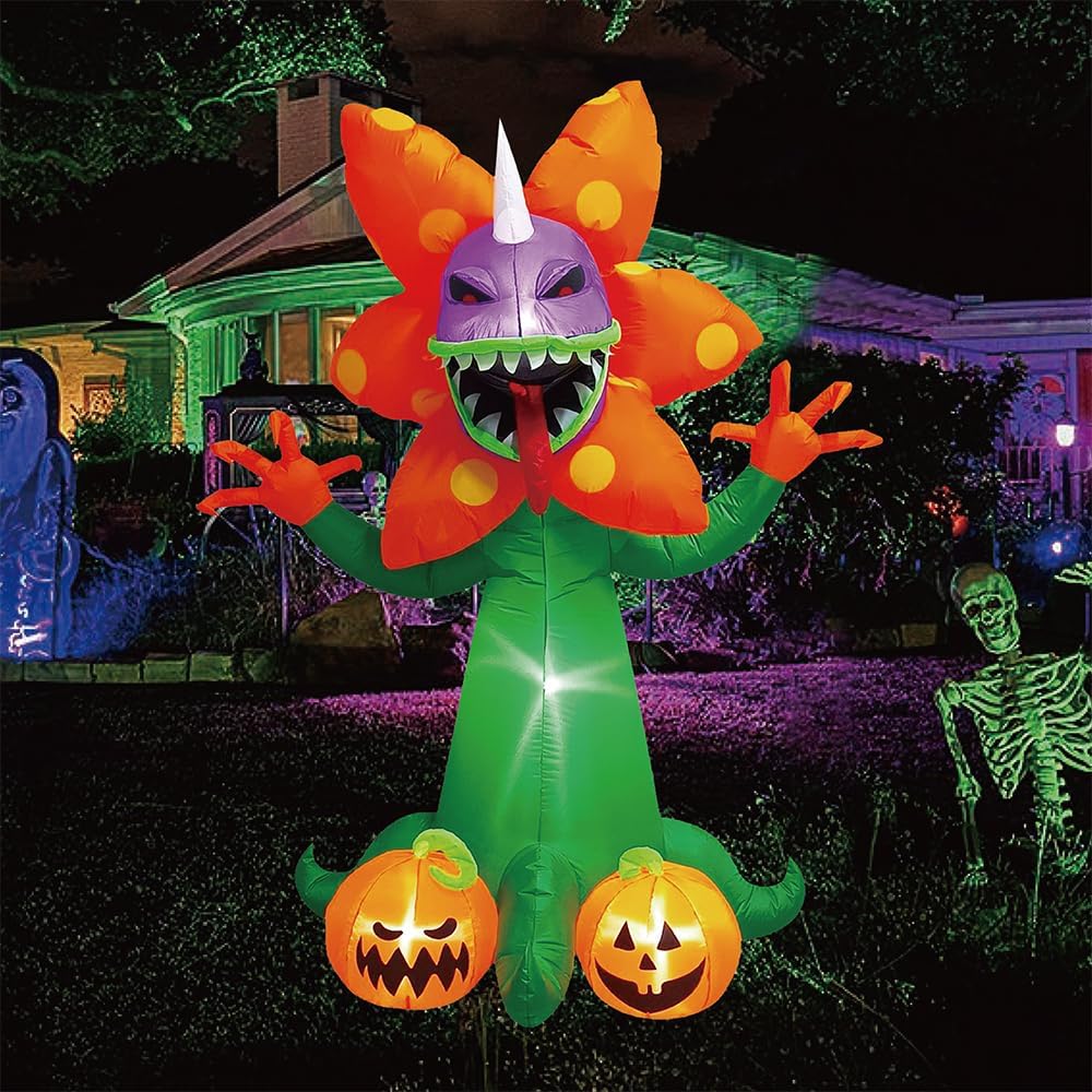 7FT Monster Flower Inflatable Halloween Decorations with LED Lights, Blower, Halloween Flower Monster Blow Up with Lights Ground Stakes