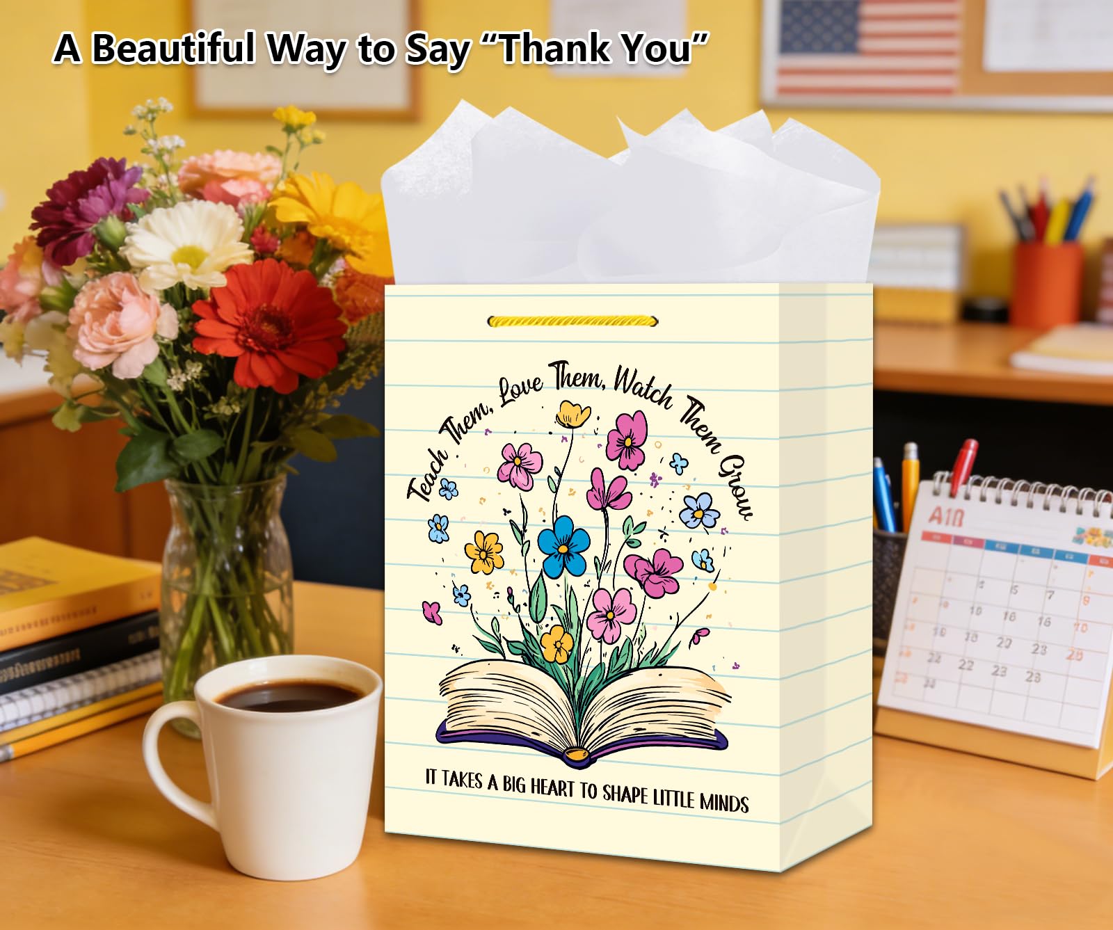 GMEMNOV Teacher Appreciation Gift Bag - 13" Large Teacher Gift Bag with Tissue Paper Thank You Teachers Paper Bags End of Year Teachers Retirement Gifts for Teachers Women Men