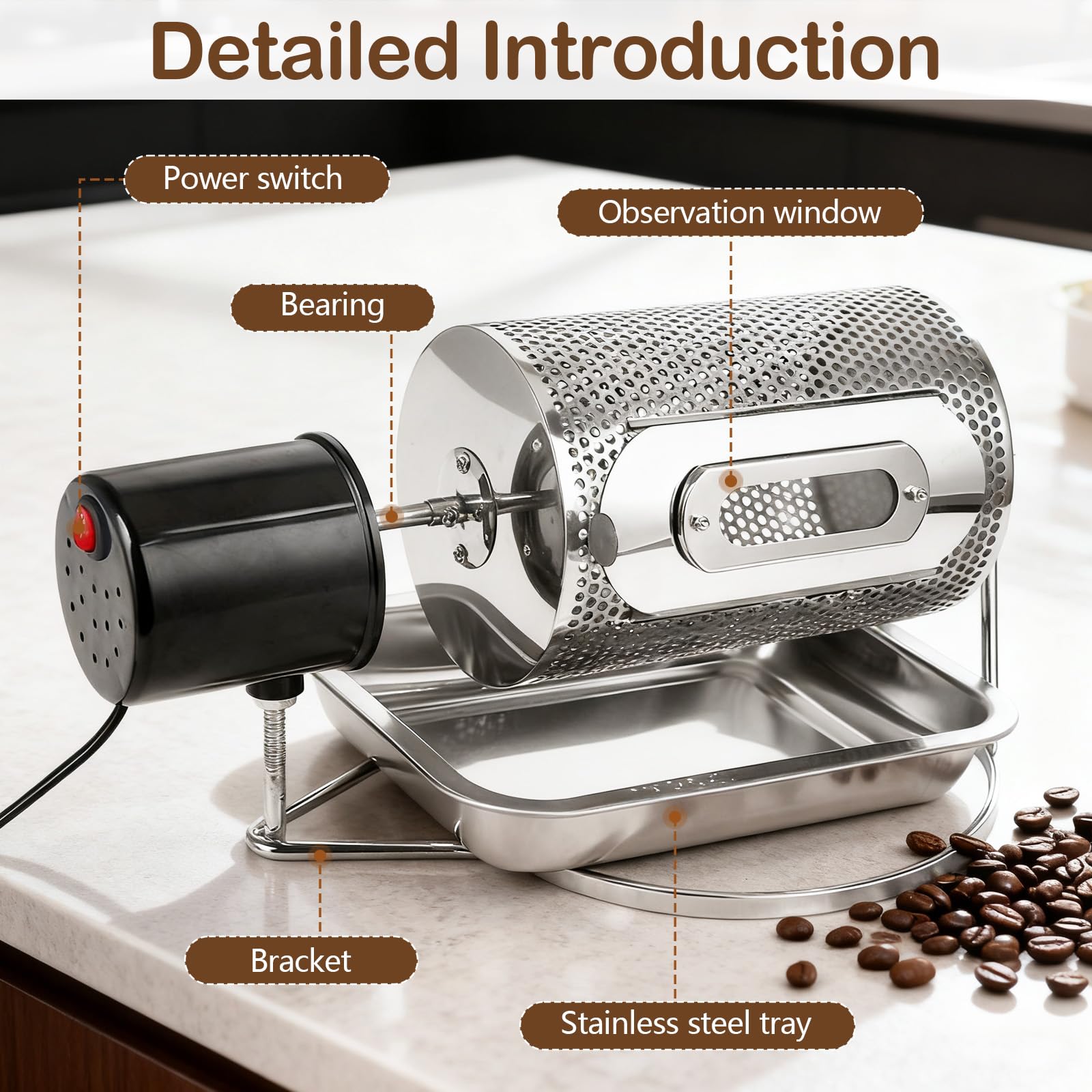 Torréfacteur à Café électrique, Entièrement Automatique Pour Usage Domestique Et Professionnel Torréfacteur à Tambour Avec Fenêtre De Visualisation Plateau En Acier Inoxydable Capacité De 250g
