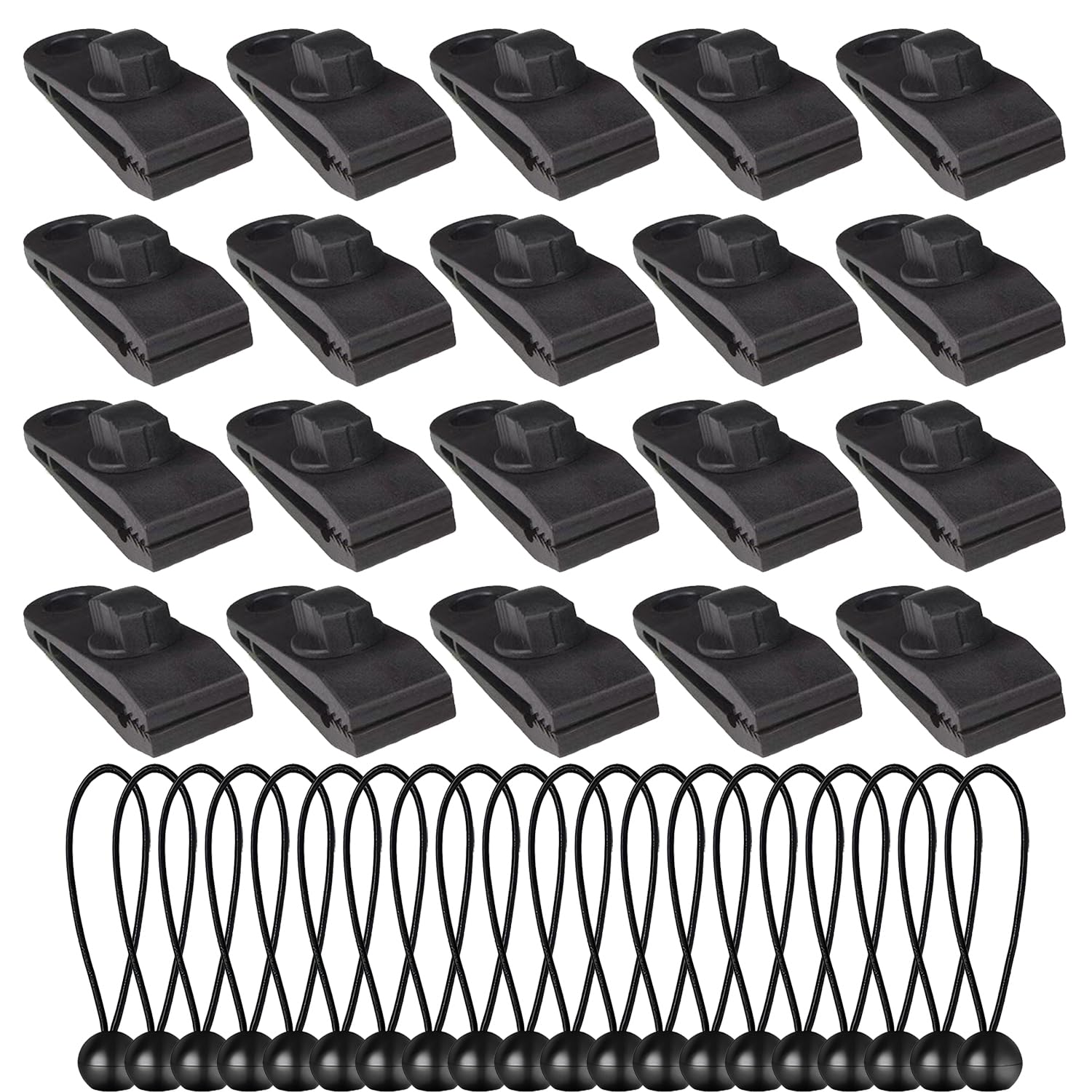 20PCS Tarpaulin Clips + 20PCS Ball Bungee Cords, Heavy Duty Tarp Clips with Strong Grip for Camping Outdoor Covers, Canopies