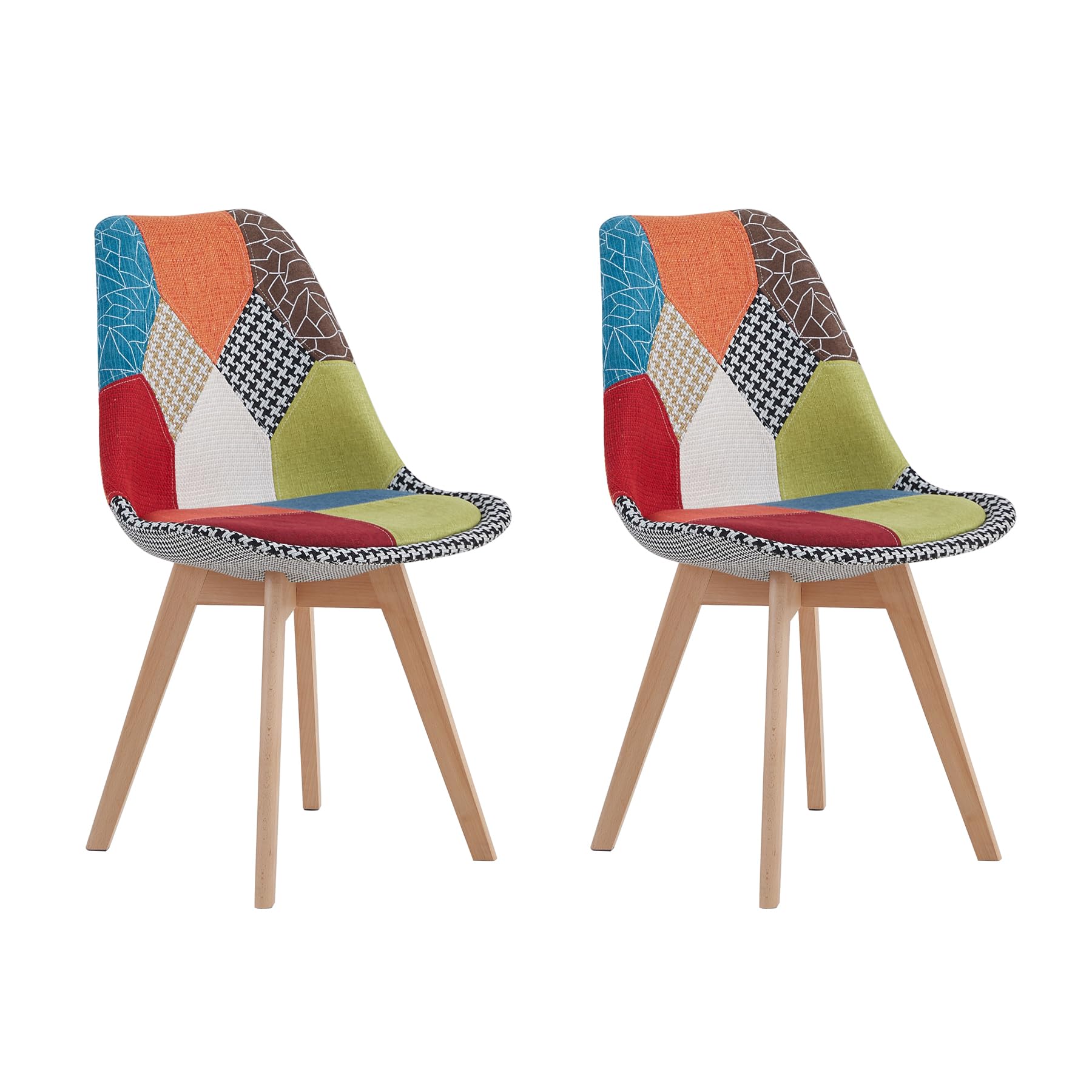 HJhomeheart Set di 2 Sedie da Pranzo in Tessuto Patchwork con Cuscino del Sedile e Gambe in Legno Massello per Sala da Pranzo, Soggiorno, Cucina, ecc. (Rosso Patchwork)