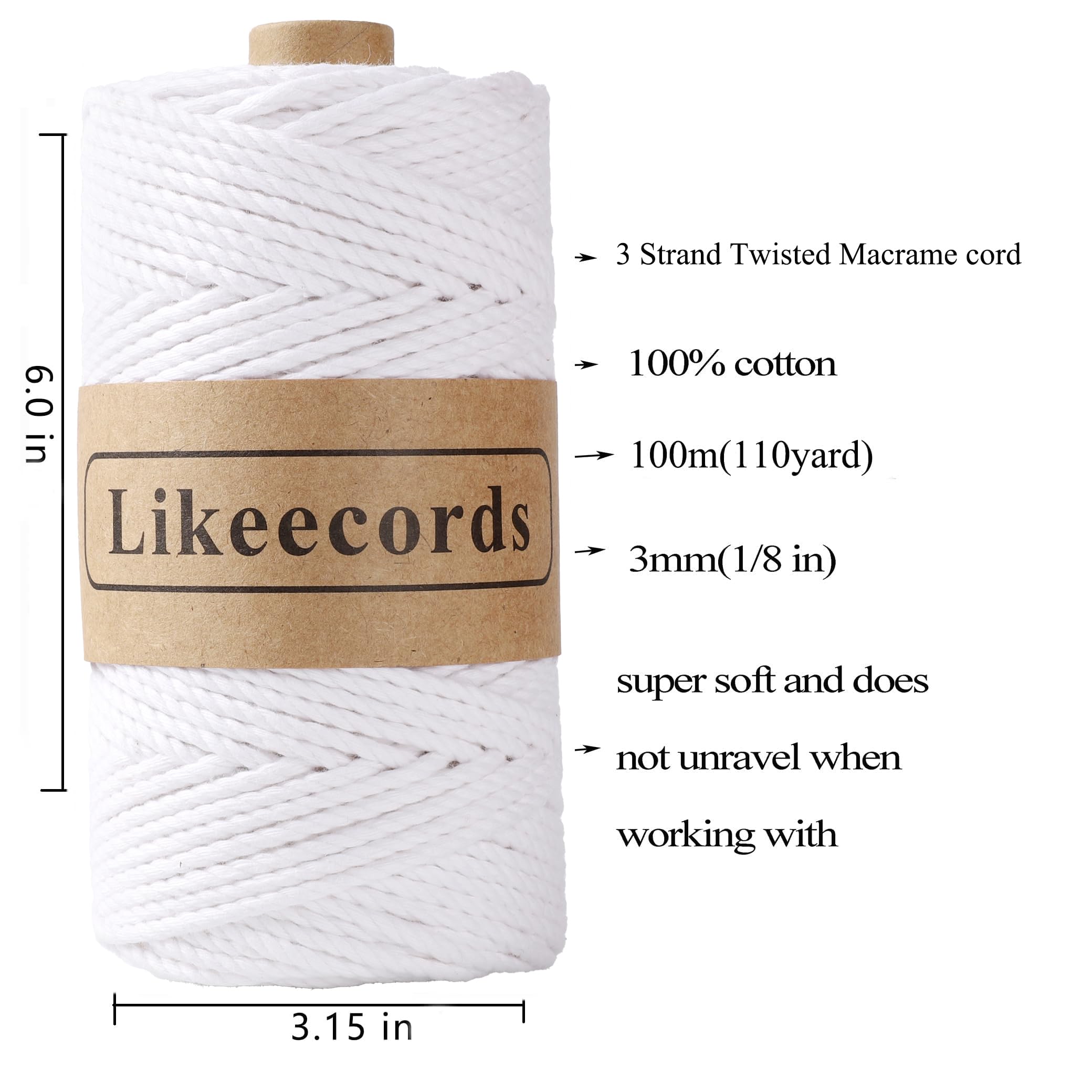 Likeecords 2 rouleaux de cordon en coton pour macramé, 3 mm x 100 m, 3 brins torsadés, fil pour macramé, fil en coton, pour macramé, blanc
