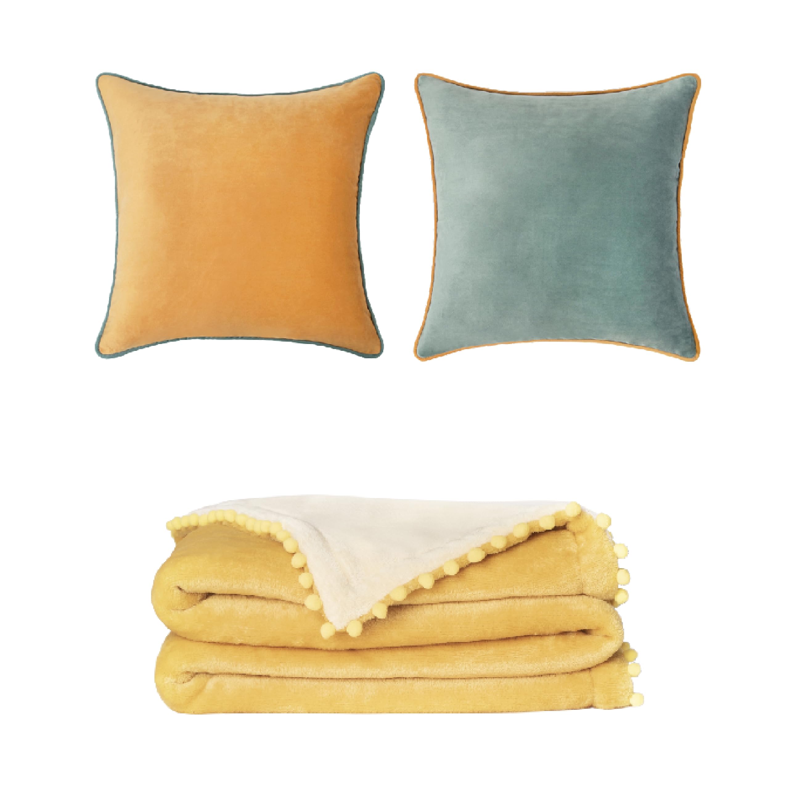 MONDAY MOOSE 18x18 inch Piping Decorative Throw Pillow Covers and 50x60 inch Fleece Throw Blanket, Mix and Match for Home Decor (Orange/Teal, Yellow/Beige)