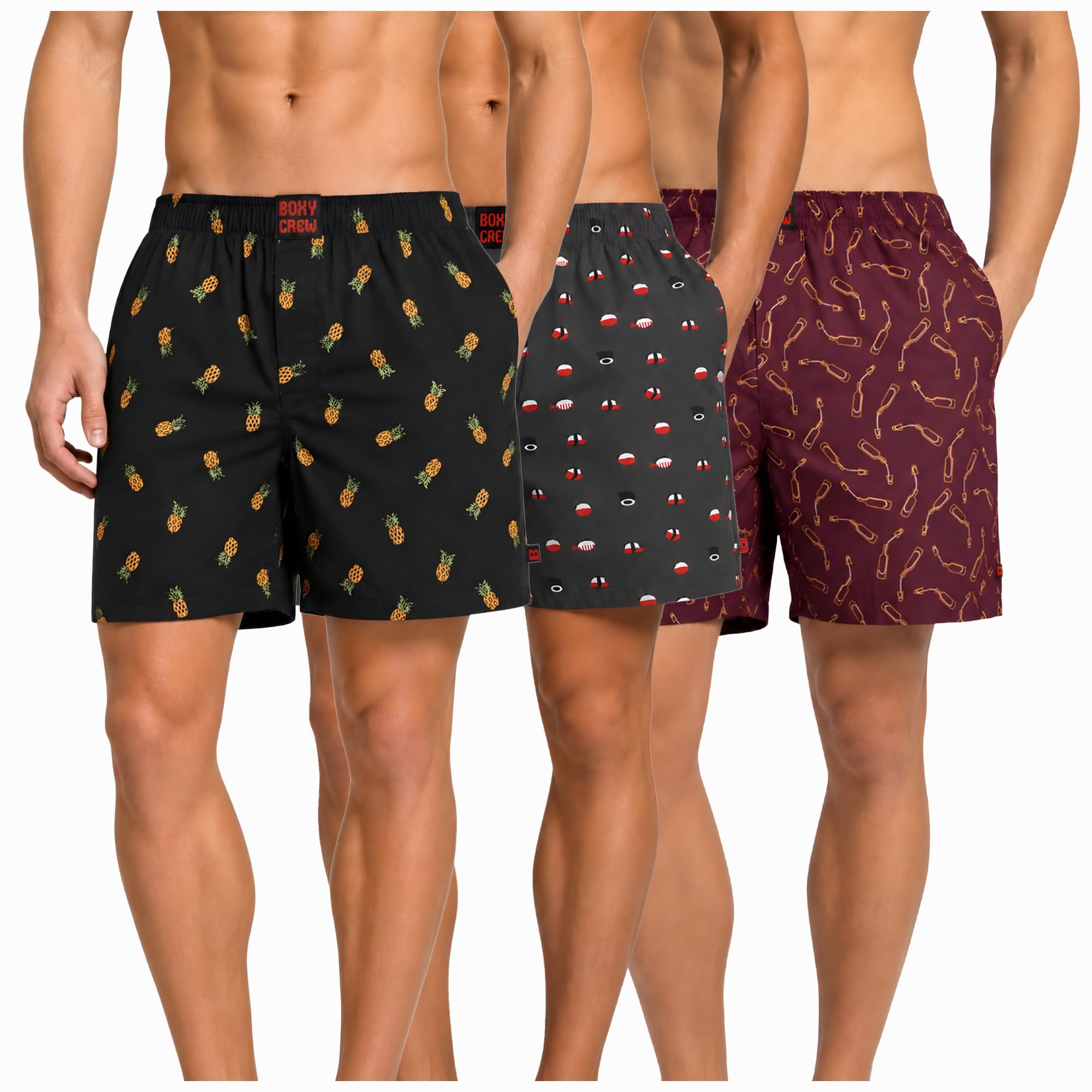 Men's 100% Cotton Boxer Shorts Pack of 3, Charcoal, Charcoal & Maroon | Woven Boxers with Side Pockets, No-Marks Elastic Waistband, Breathable Relaxed Fit | Style 004-012-014-image-9