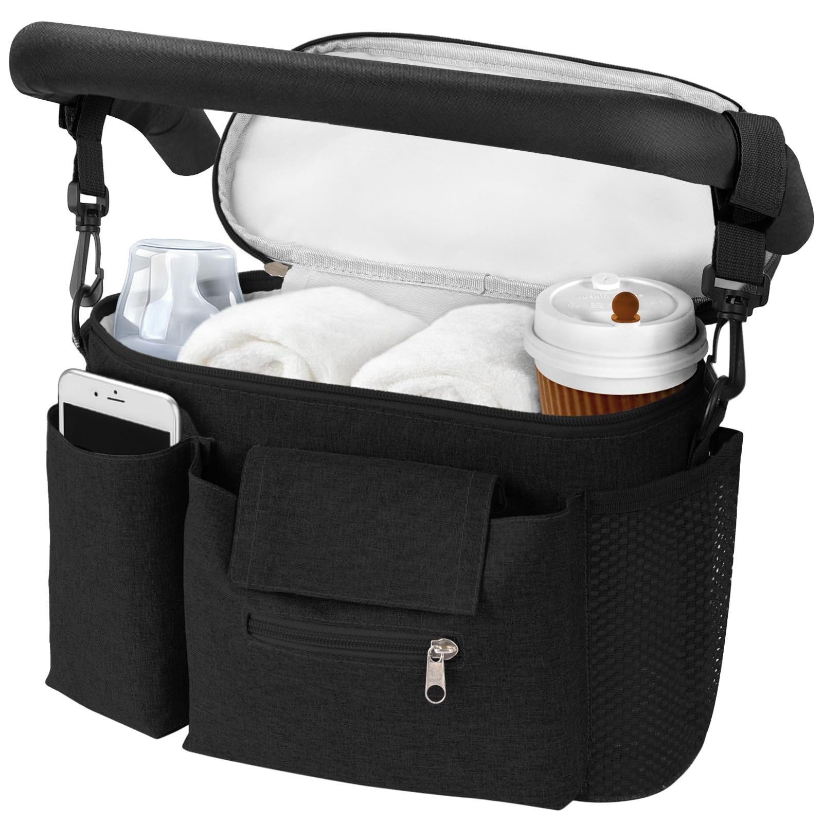 HOTUT Kinderwagen Organizer, Universal Kinderwagentasche mit Isolierte Getränkehalter,Wasserdichte Kinderwagen Tasche, Verstellbarer Schultergurt,Windeltasche mit großer Kapazität für Handys(Schwarz)