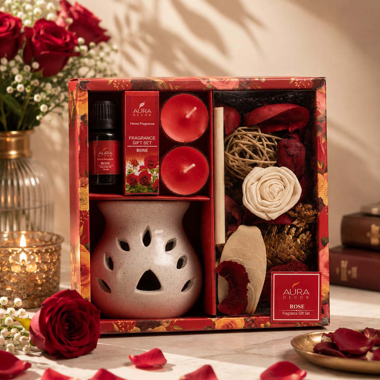 AuraDecor Aromatheraphy Diffuser Gift Set || Spa || Gifting || Thanks Giving || Potpourri || Tealight Candles || Diffuser (English Rose)-image-6