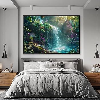 Amazon.co.jp: 絵画 苔に覆われた岩と鬱蒼とした森の壮大な滝