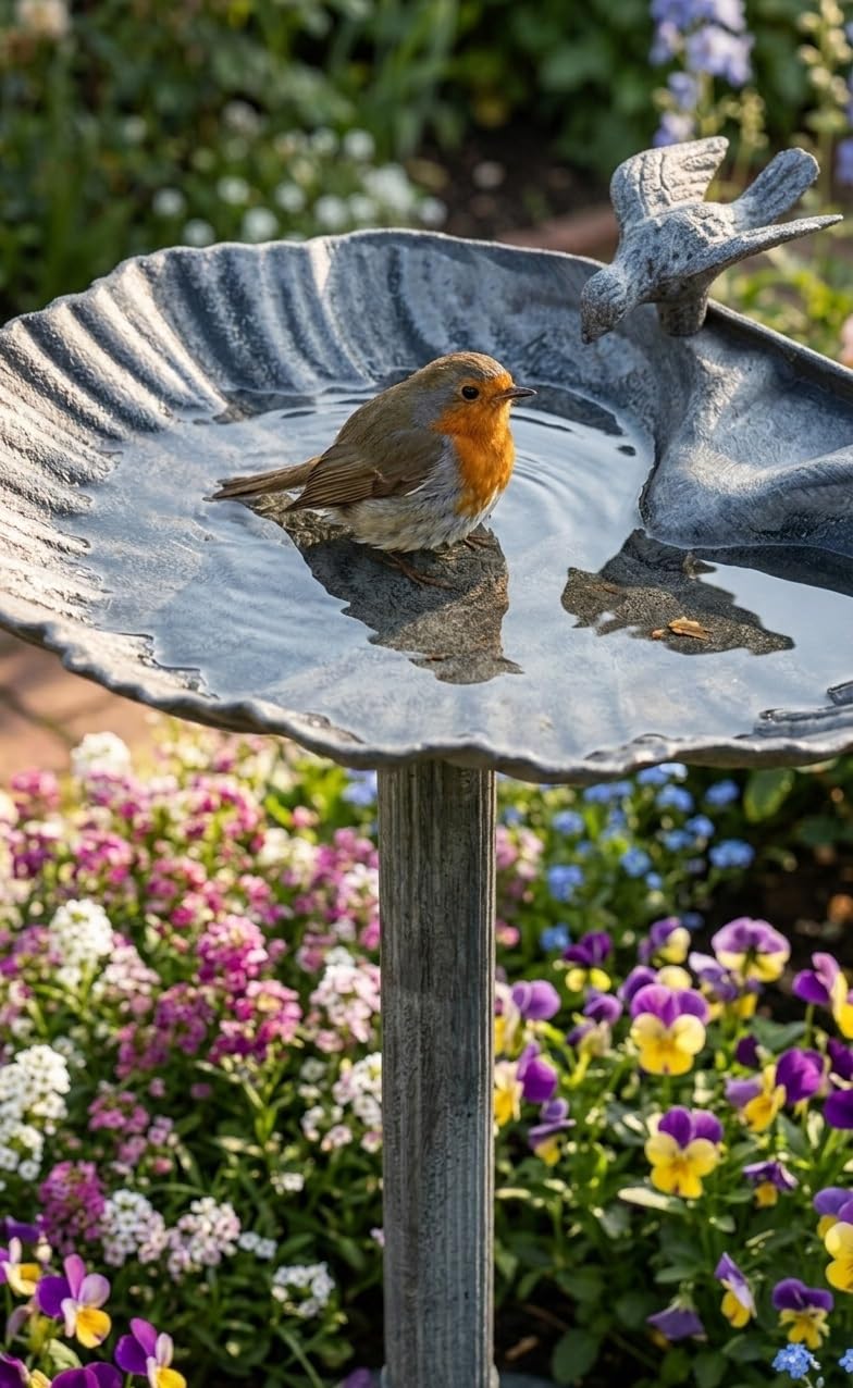 Bambelaa! Vogeltränke mit Standfuß Winterfest Vogelbad Stehend Groß Garten Terrasse Balkon Wassertränke für Vögel Zubehör Futterschale Rund Vogelbecken für Wildvögel aus Kunststoff ca. 39 x 34 x 66 cm