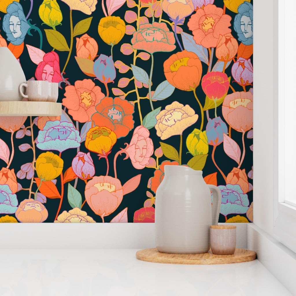 Removable Wallpaper 3ft x 2ft - Flowers Faces Fantasy Tropical Dream Hawaii Exotic Custom Pre-Pasted Wallpaper by Spoonflower
