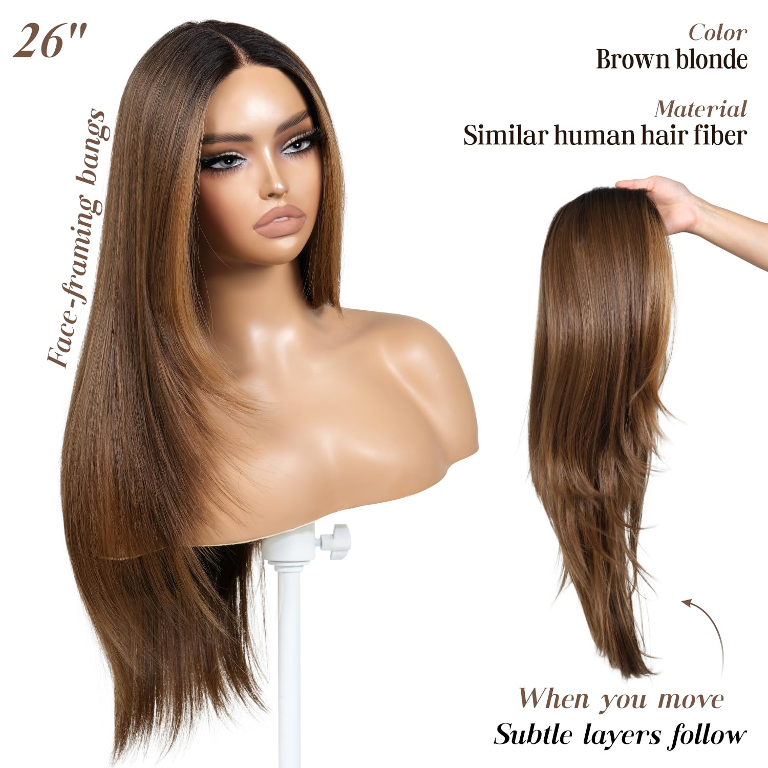 ENCOUNTERU Brown and Blonde Highlight Wear and Go Glueless Wig with Bangs Layered Pre Plucked Pre Cut HD Lace Front Synthetic Wigs for Women Ready to Wear Middle Part 26 Inch