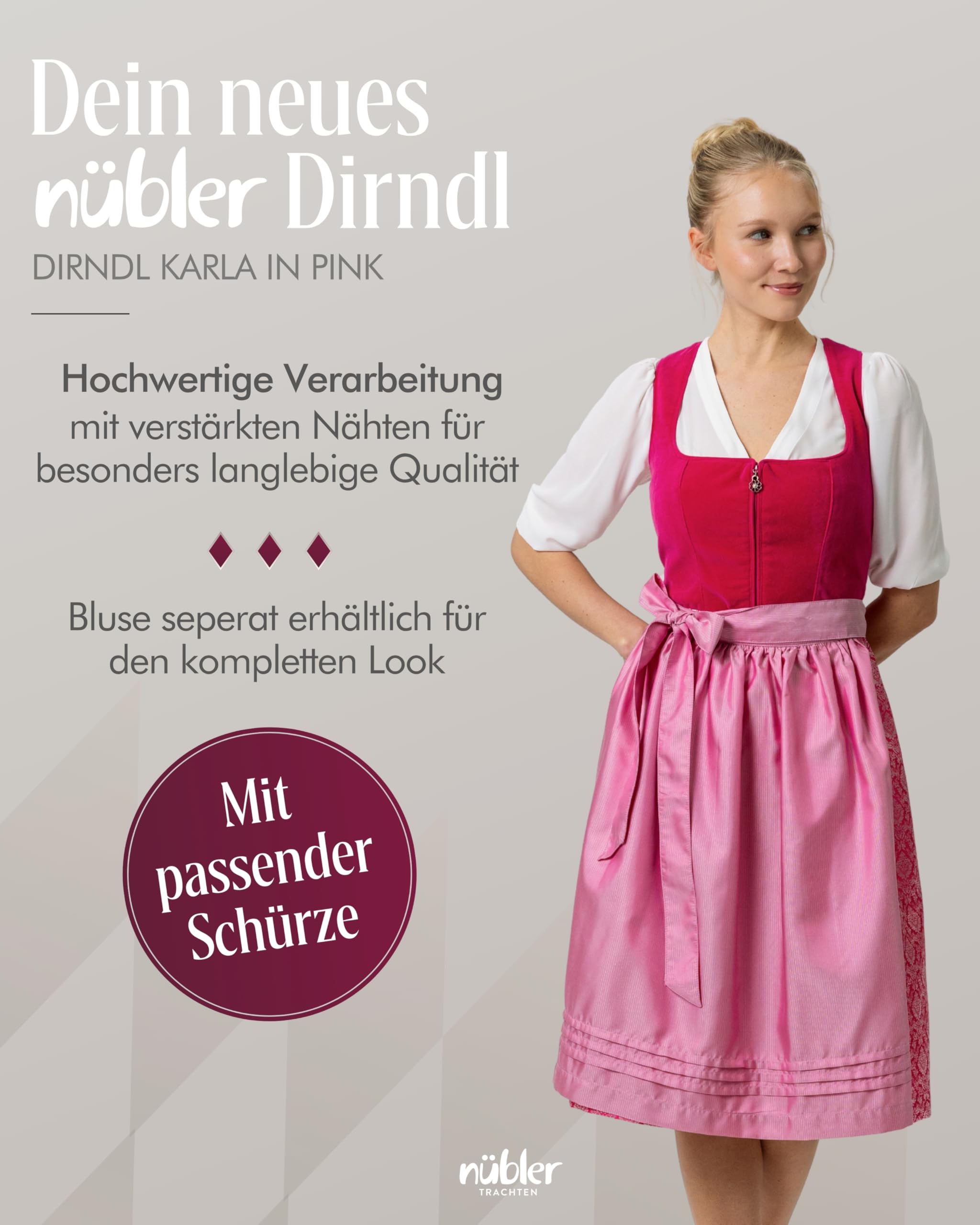 Nübler Damen Dirndl Karla I Größen 30-48 I Midi-Dirndl mit Rocklänge 70 cm & passender Schürze I Festliches Trachtenkleid mit modernem Schnitt & dezenten Details I Ideal für Trachten & Festlichkeiten