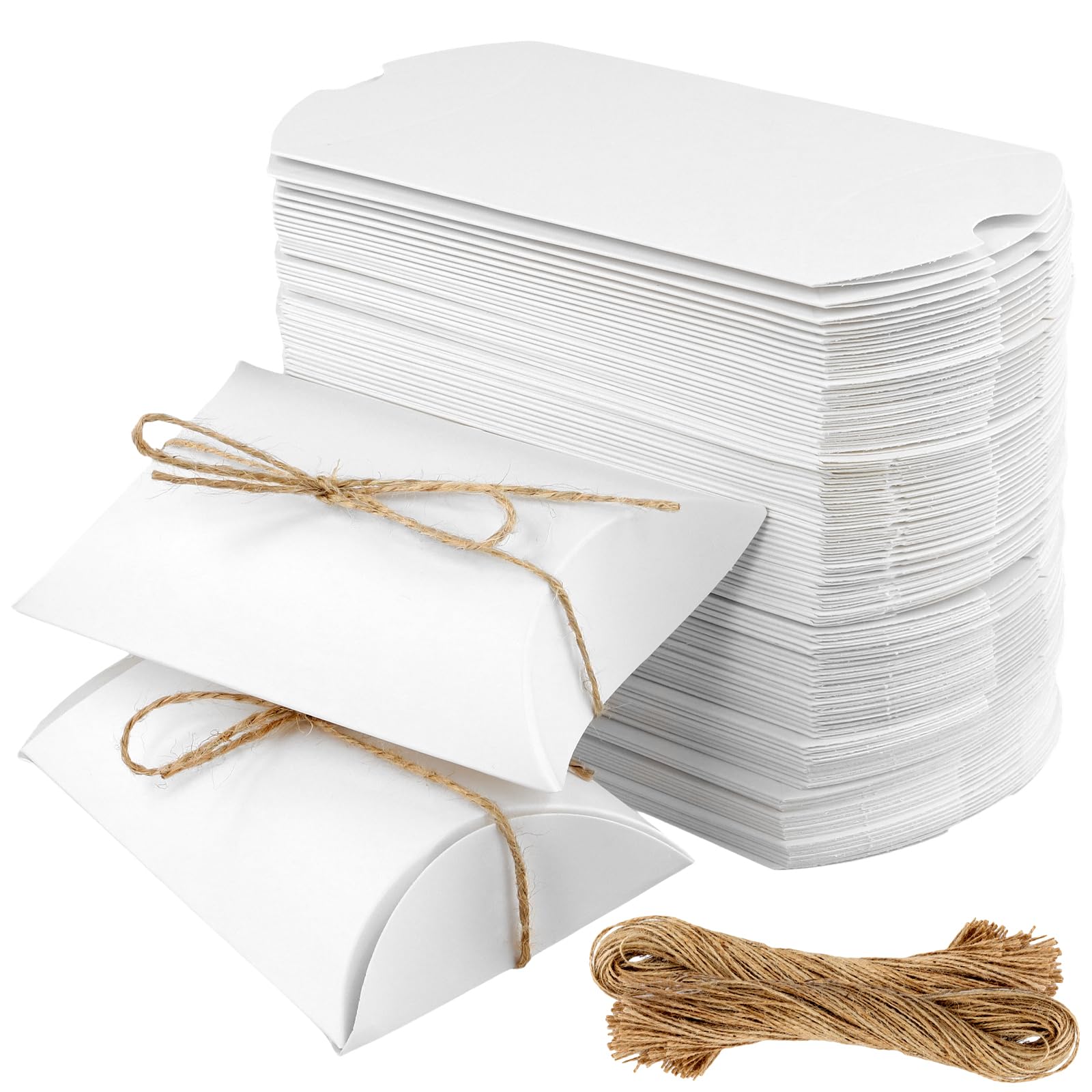 SOUJAP 100 PCS White Pillow Gift Boxes with 100 Jute Rope, Large Pillow Favour Candy Boxes for Wedding Birthday Party, 13 x 8.8 x 3.5cm