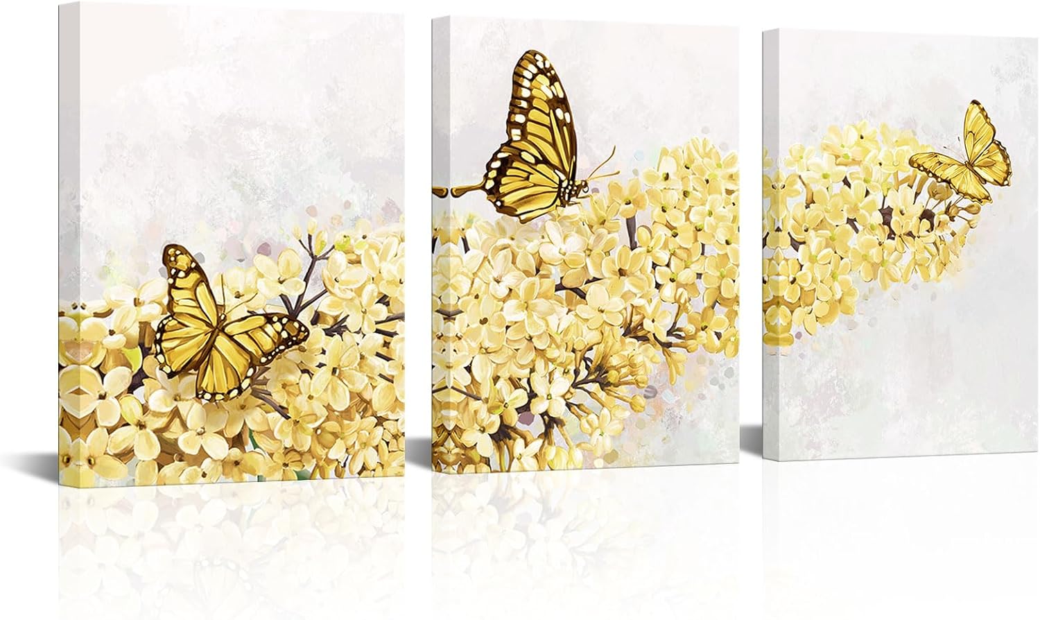 HOMEOART Butterfly and Flower Canvas Wall Art Floral Picture Bathroom Wall Decor Bedroom Art Farmhouse Kitchen Wall Decor, 12x16inchx3Pieces Framed (Yellow)