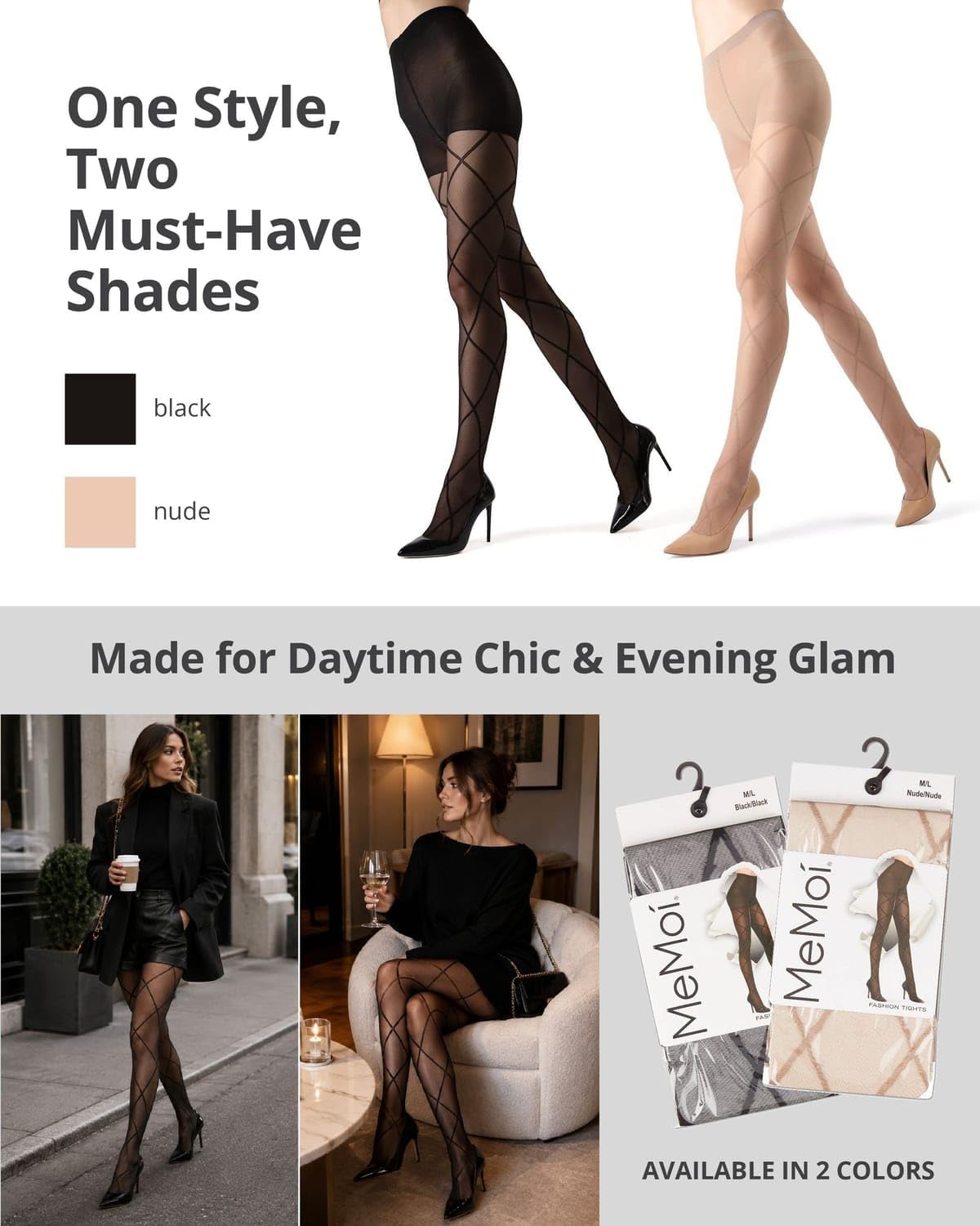 MeMoi Diamond Pattern Sheer Tights for Women, Control Top Pantyhose