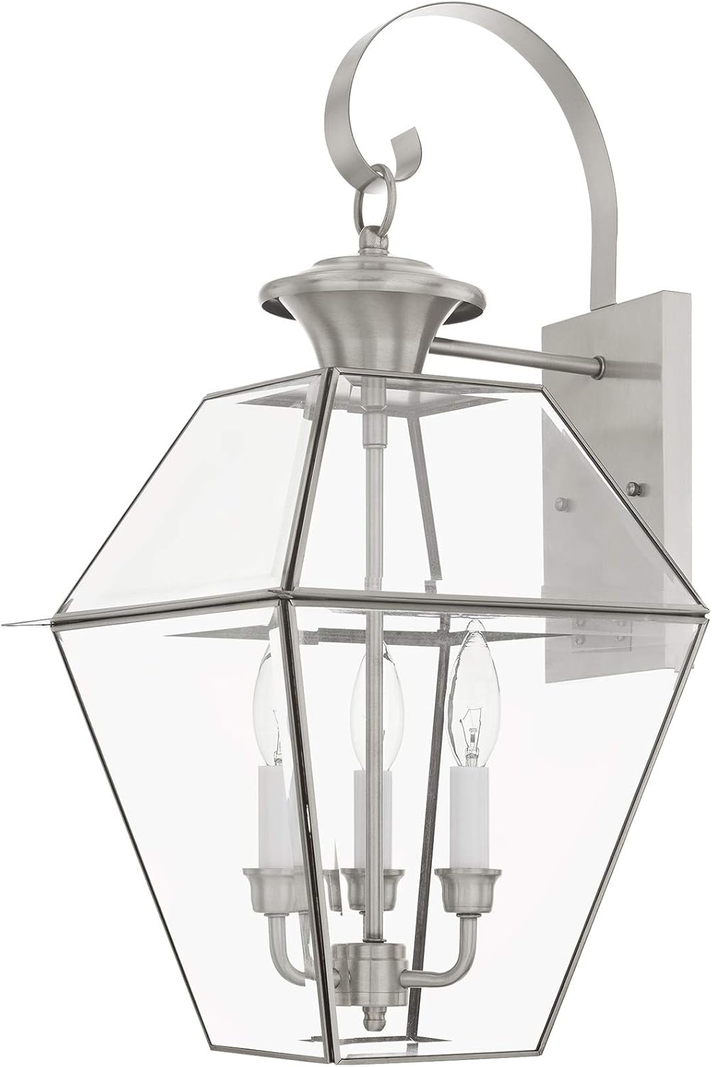 Get Special Price Livex Lighting 2381-91 Transitional Three Light Outdoor Wall Lantern from Westover Collection in Pwt, Nckl, B/S, Slvr. Finish, Brushed Nickel