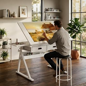 Drafting Table, Height Adjustable Drawing Table Art Table with Stool, 0-75 Tilted Tabletop Artist Desk Painting Table with Storage for Home Office School, T1-All White