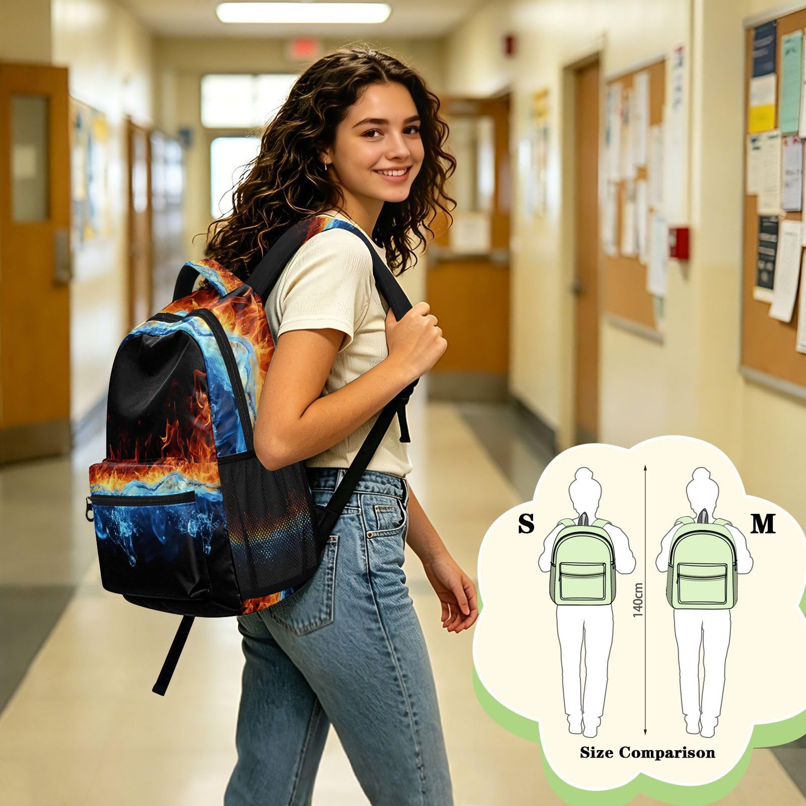 Mnsruu Zaino da viaggio per computer portatile, zaino impermeabile e leggero, per la scuola, per ragazzi, ragazze e adulti, Acqua Fuoco, M, Casual