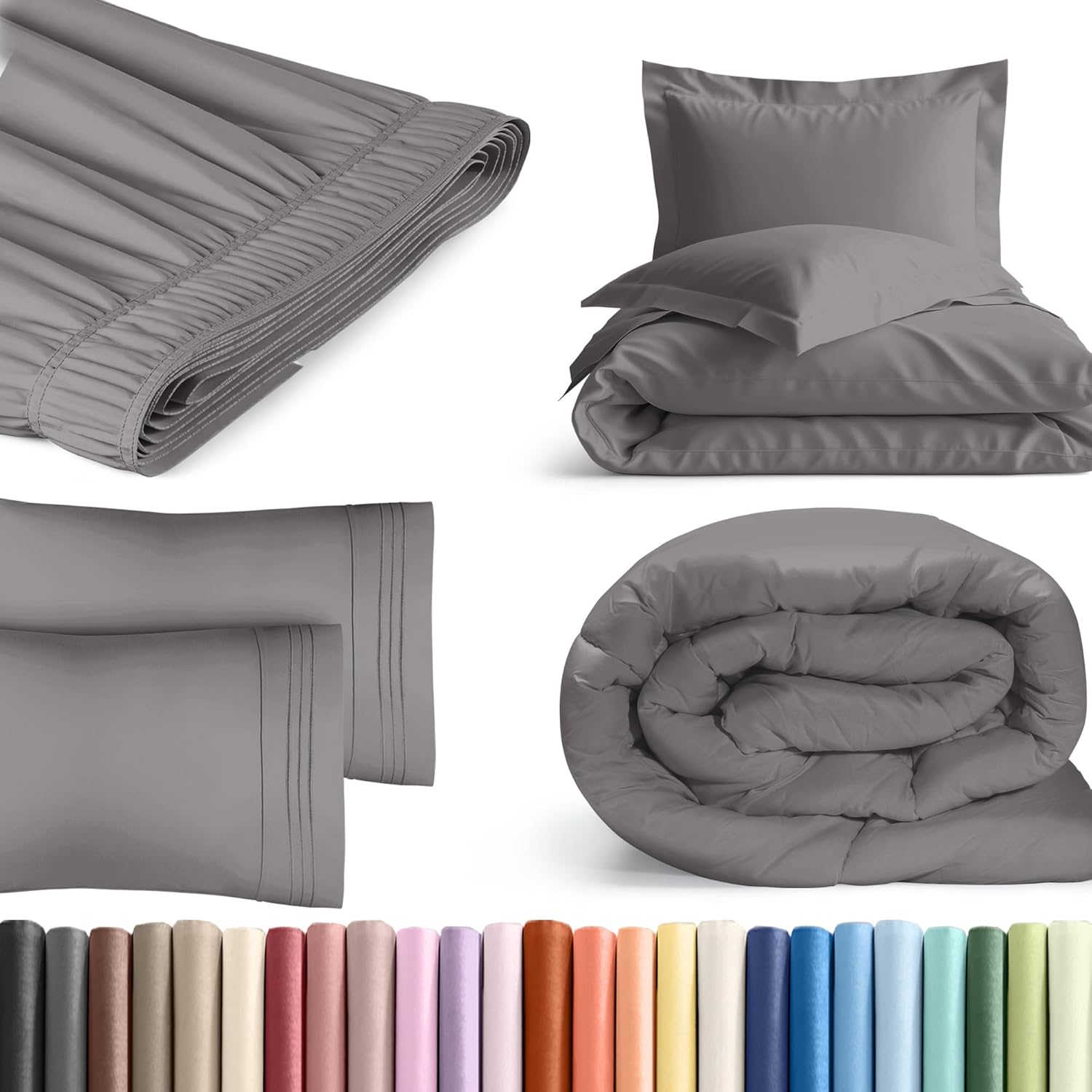 Wrap Around Dust Ruffle Bed Skirt, Comforter, Duvet Cover and 2 Pillowcases Bundle - Dark Grey - for King Size Beds w/ 12 Inch Drop - Adjustable Pleated Bedskirt Fabric - For Women, Men, Kids & Teens