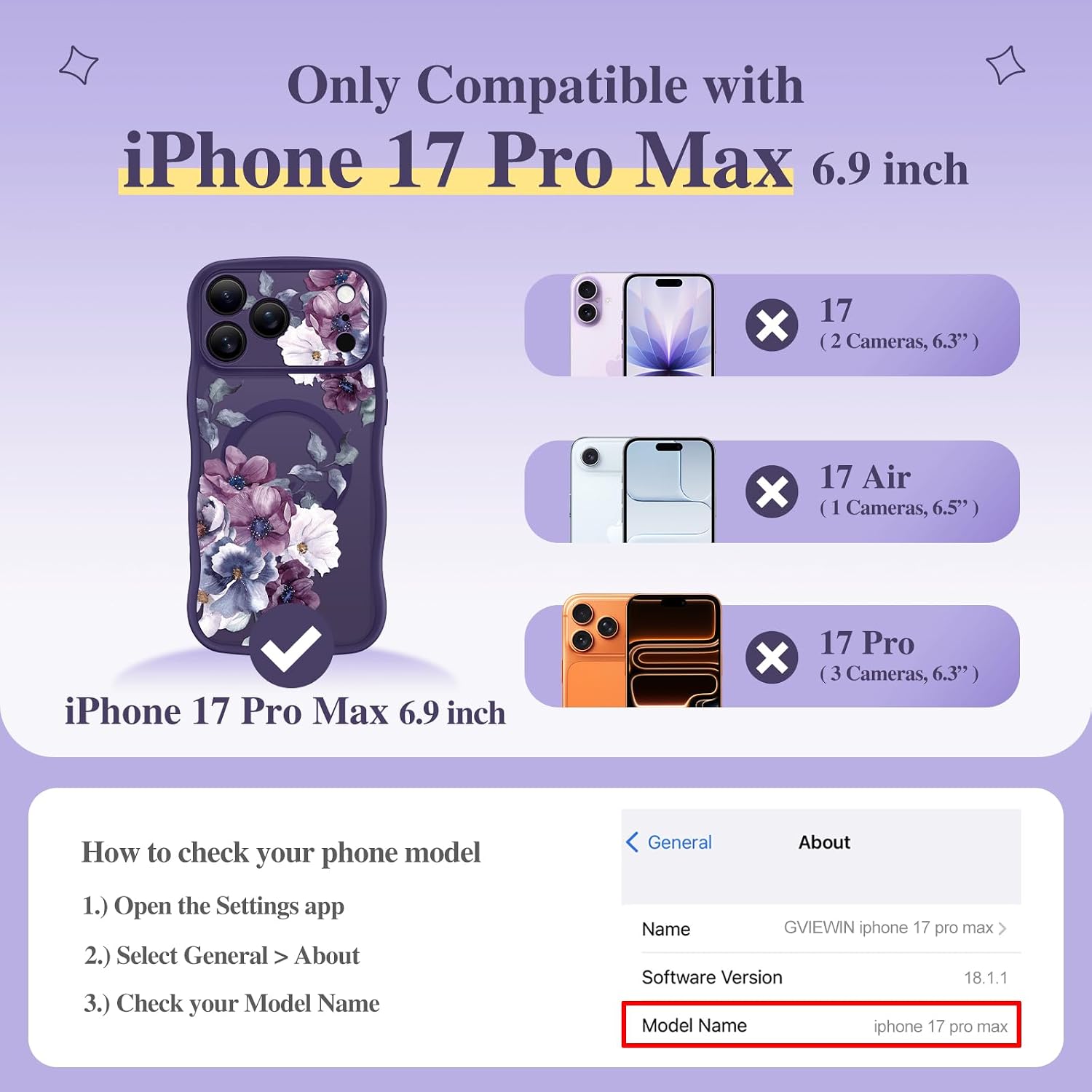 GVIEWIN for iPhone 17 Pro Max Case Compatible with MagSafe [Curly Wave Edge][Full Camera Protection] Floral Translucent Shockproof Magnetic Women Phone Case for 17 Pro Max, Morning Glory/Deep Purple thumbnail