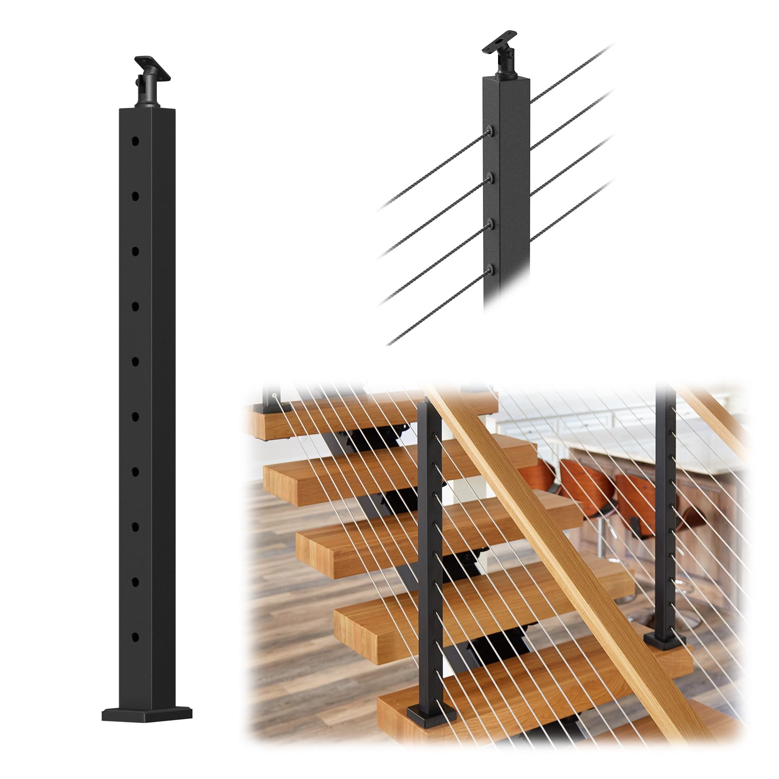 Photo 1 of BLIKA Stair Railing Post, 36"x2"x2", Angle Line for Cable Railing Kit, Fits 25-35 Degrees Stairway, Adjustable Top, Matte Black Stainless Steel Terminal