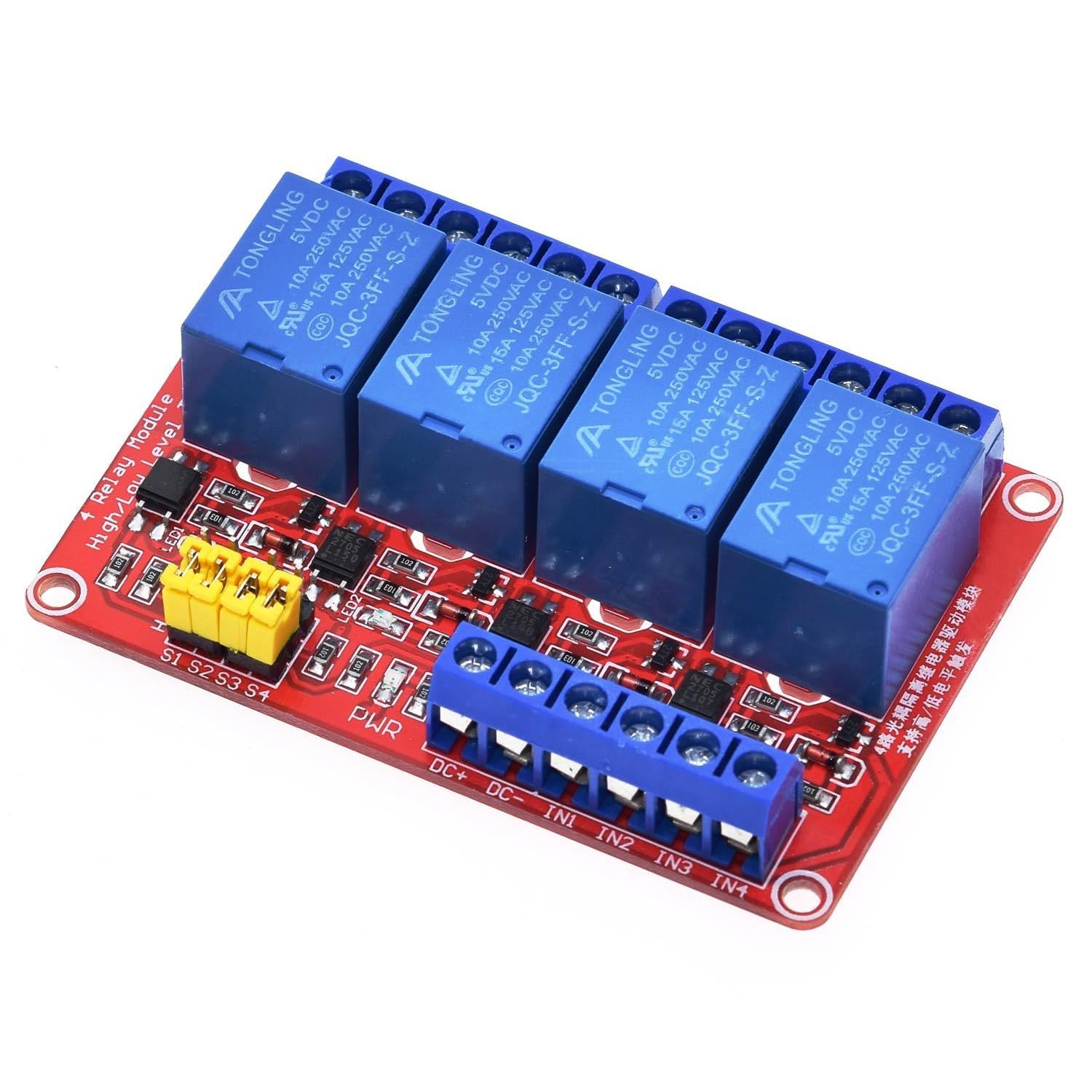 amiciSmart 4 Channel 5V Relay Module Shield with Optocoupler, High and Low Level Trigger Relay Board for Arduino, and Microcontrollers - Perfect for DIY Smart Home Automation