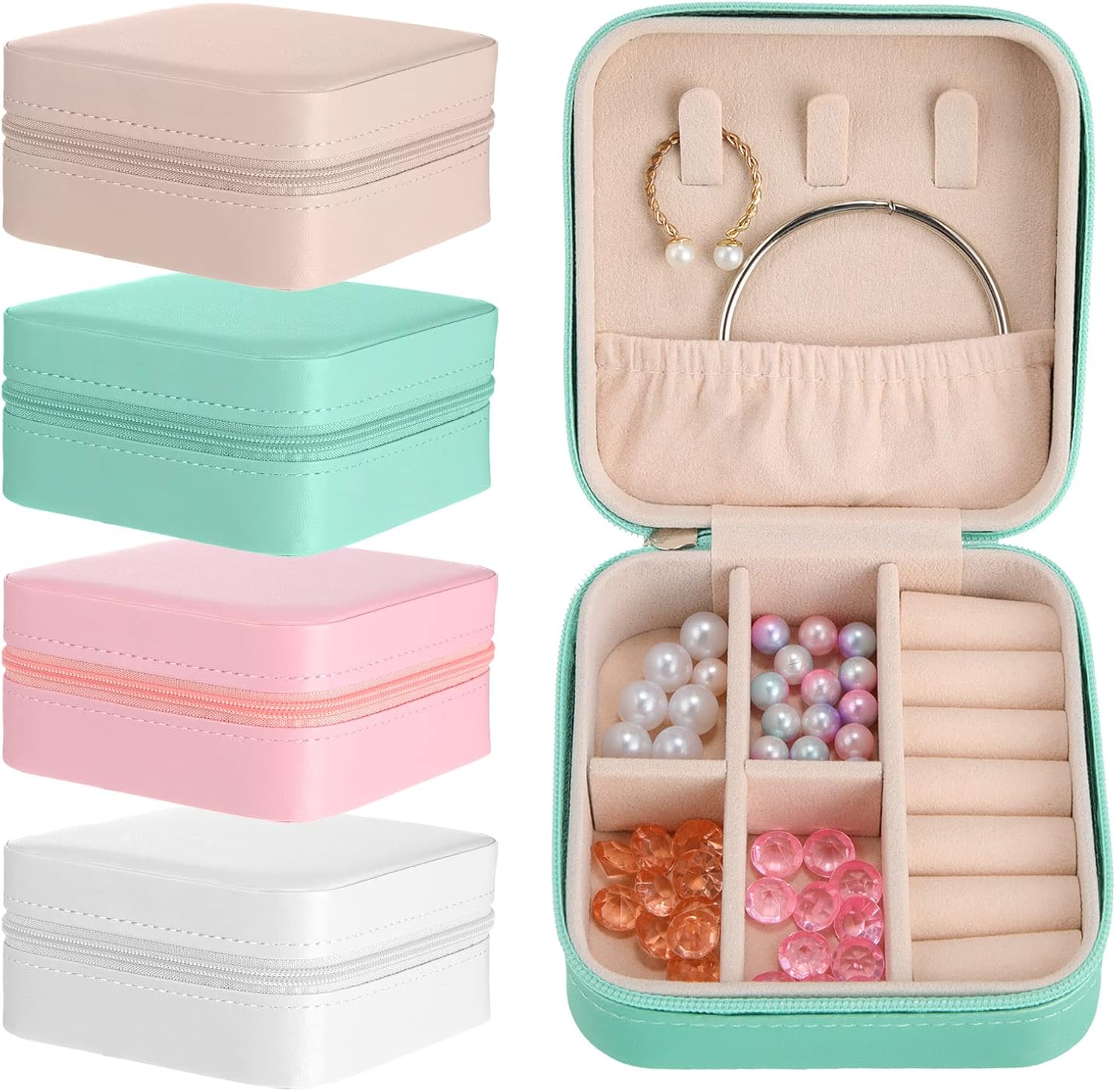 Junkin 8 Pcs Jewelry Travel Case Bulk, Small Jewelry Box Bridesmaid Gifts Jewelrys Box for Women, Portable PU Leather Jewelrys Case Organizer Storage for Rings Earrings Necklaces, 4 Colors