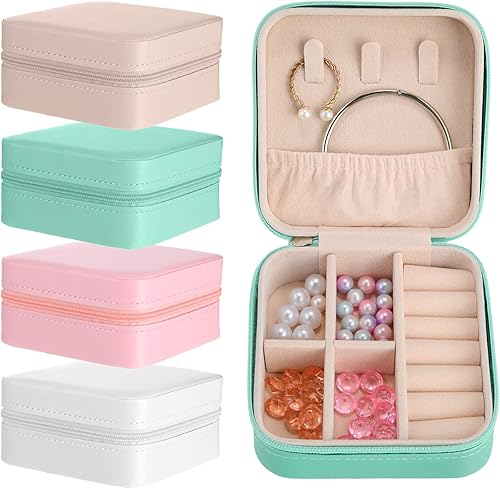Junkin 8 Pcs Jewelry Travel Case Bulk, Small Jewelry Box Bridesmaid Gifts Jewelrys Box for Women, Portable PU Leather Jewelrys Case Organizer Storage for Rings Earrings Necklaces, 4 Colors