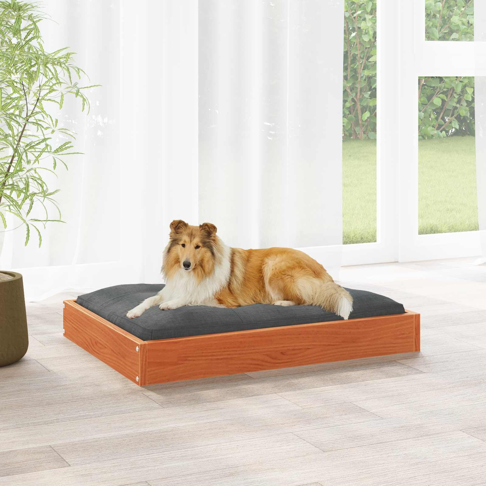 Hundebett Massivholz Kiefer wachsbraun, Hundekorb 101,5 x 74 x 9 cm, Stabiler Liegeplatz und Holzbett für Hunde, Moderne Hundeliege für den Innenbereich