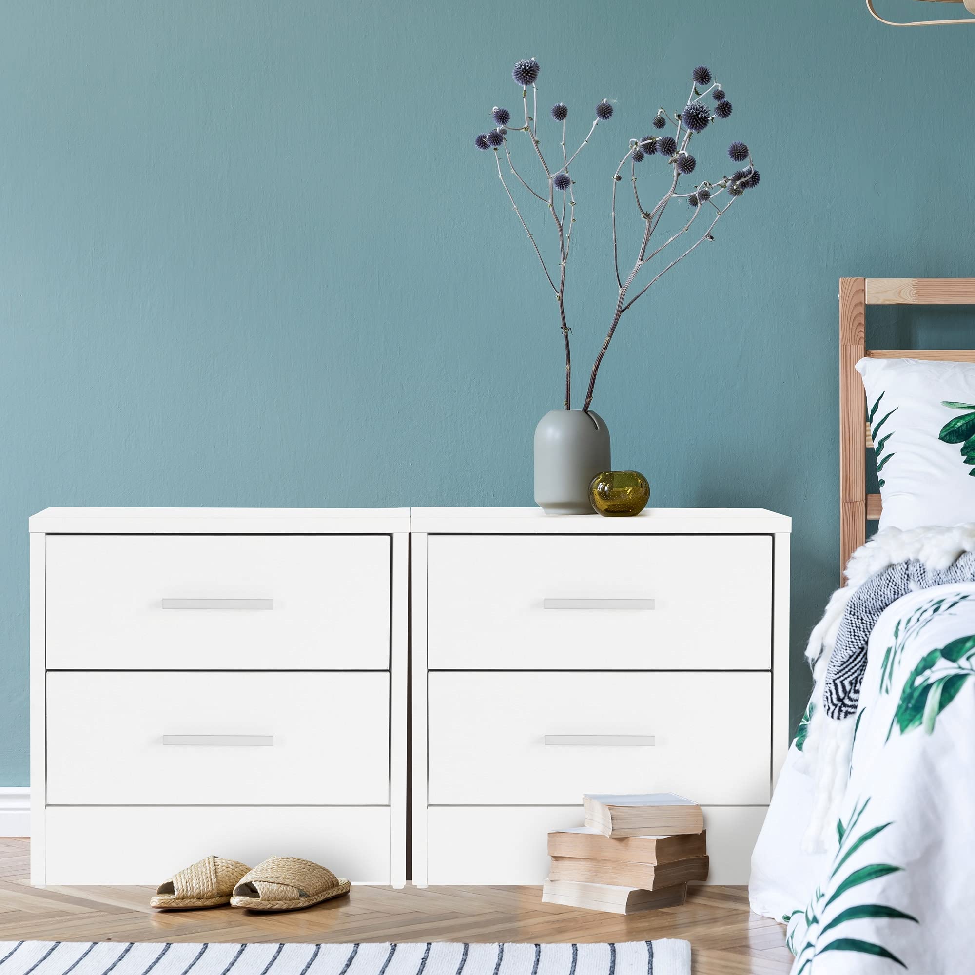 ML-Design Set di 2 Comodini con 2 Cassetti e Ripiano d'Appoggio in Legno Maniglia in Alluminio - 38 x 37 x 34 cm - Tavolino Camera da Letto Coppia di Comò da Notte Mobiletto Armadietto Arredo Bianco