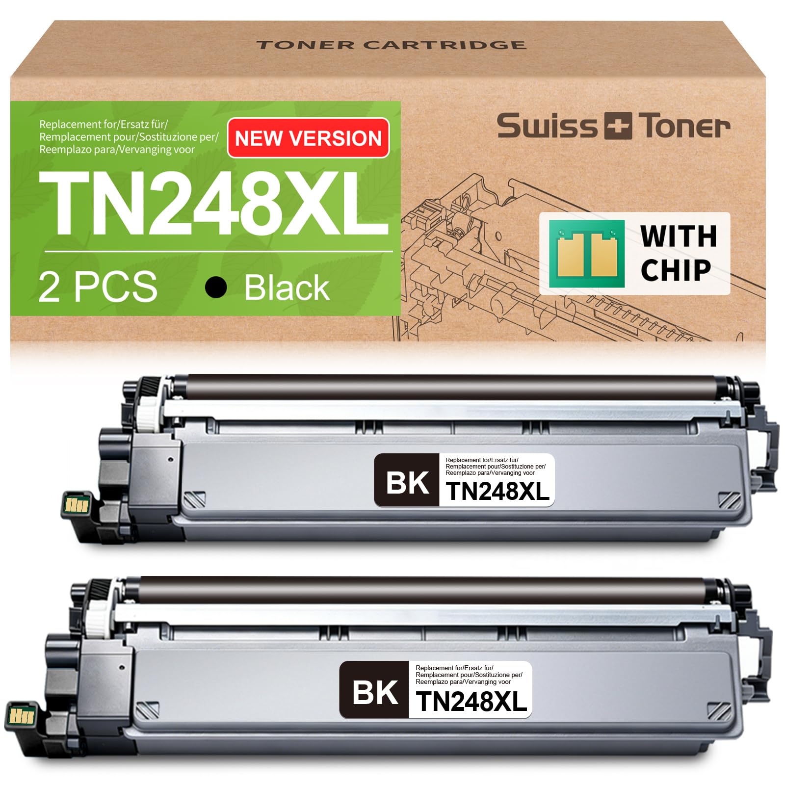 swiss toner TN248XL Tóner Compatible con Brother MFC-L3740CDWE DCP-L3560CDW | Tóner TN248 compatible con Brother MFC-L3740CDWE MFC-L3760CDW DCP-L3560CDW DCP-L3520CDW HL-L3220CWE (con chip, paquete de 2)